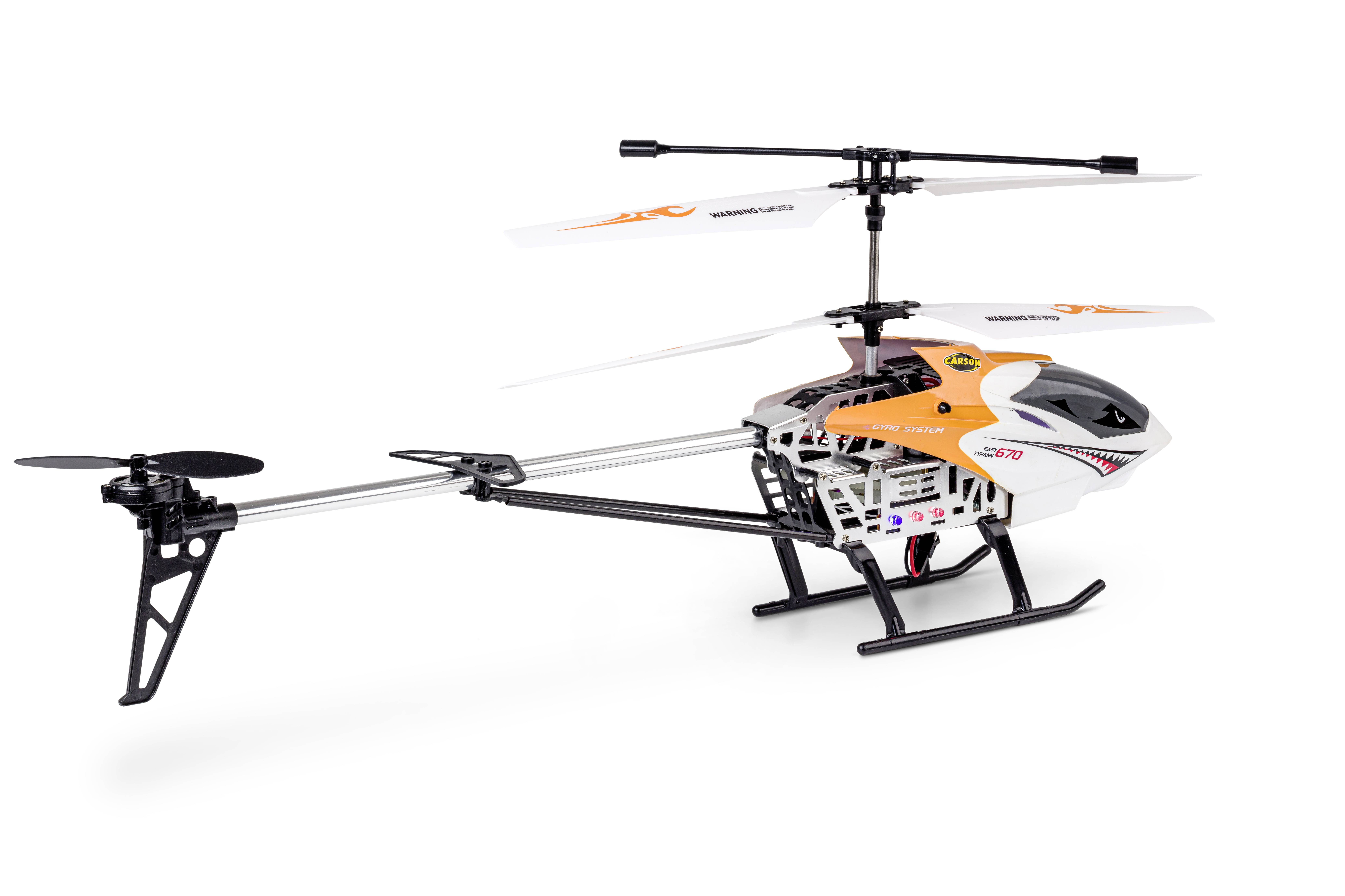 Mały zabawkowy helikopter z dwoma wirnikami, w białopomarańczowym kolorze, umieszczony na białym tle.