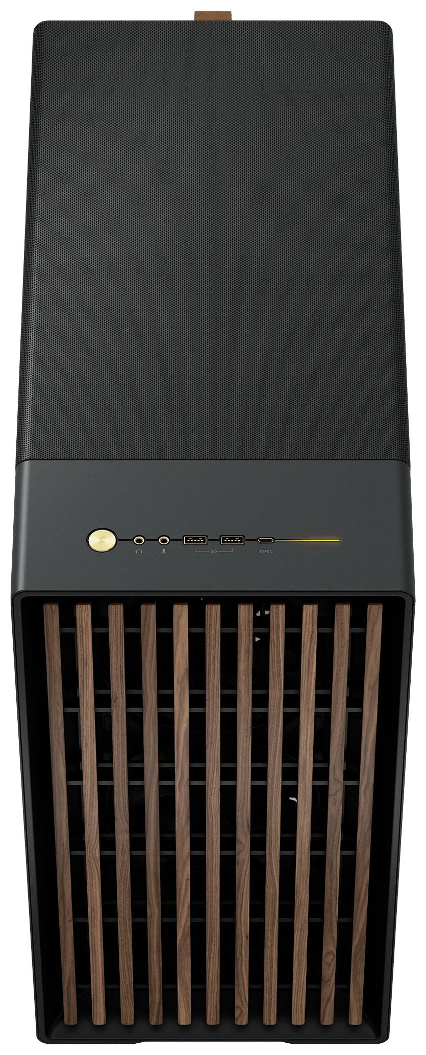 Czarny i brązowy oczyszczacz powietrza z pionowymi drewnianymi lamelkami na przedniej części; elegancki, nowoczesny design.
