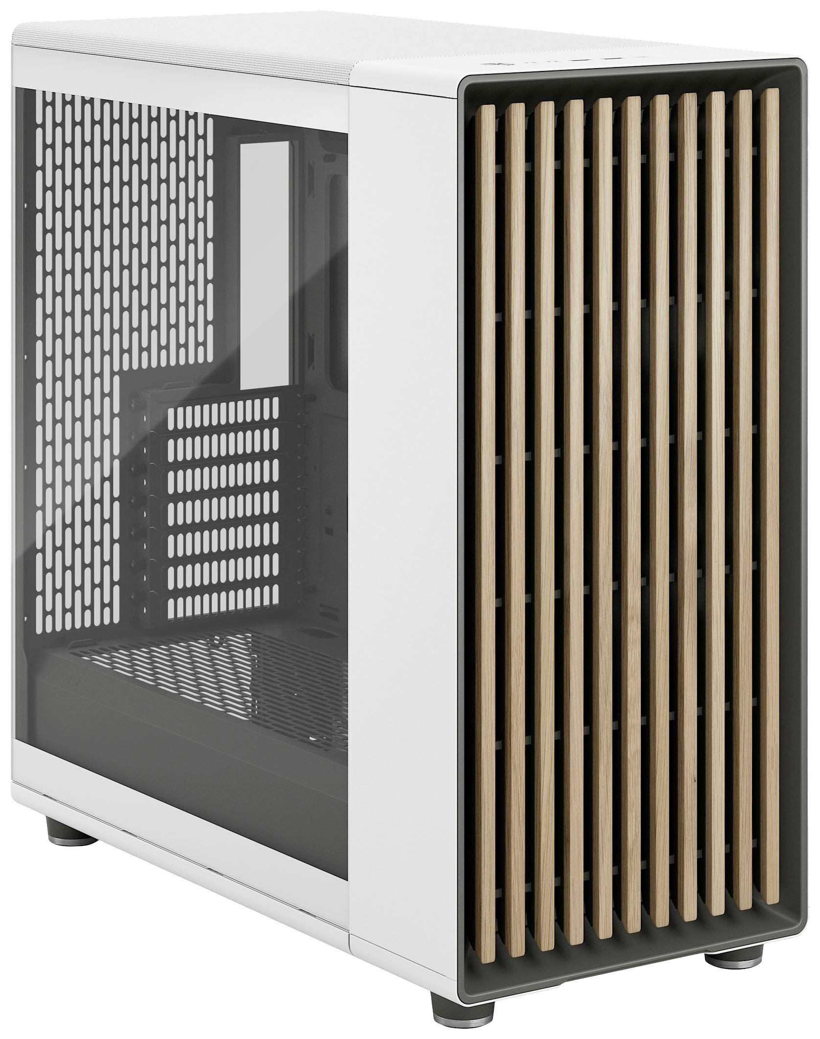 Obudowa komputera z białą ramą i frontową płytą w stylu drewnianej kratki. Okno boczne pozwala zajrzeć do wnętrza. Minimalistyczny design.