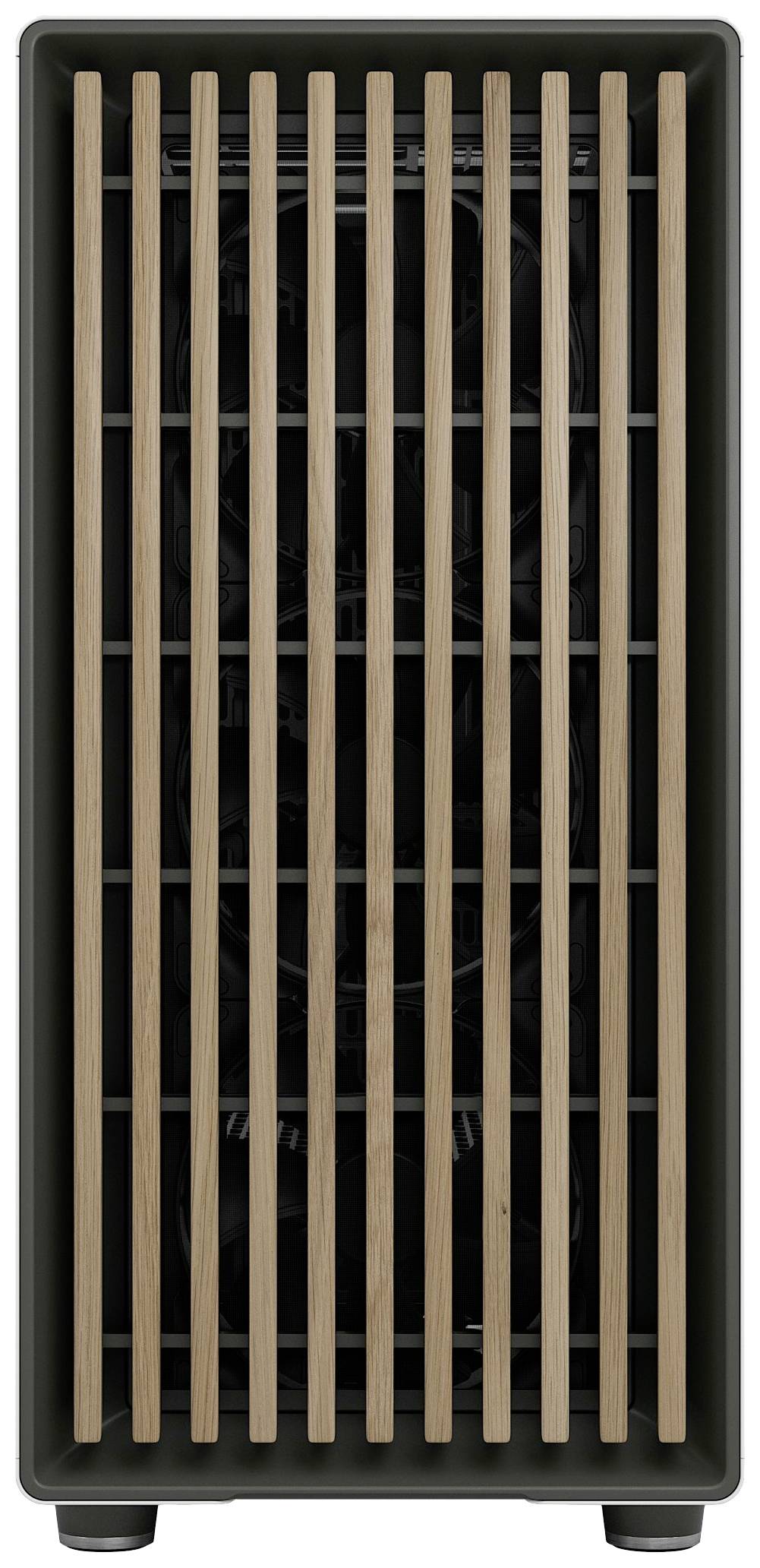 Prostokątny oczyszczacz powietrza z drewnianymi lamelkami na przedniej części, które częściowo zasłaniają jego wnętrze. Nowoczesny i elegancki styl.