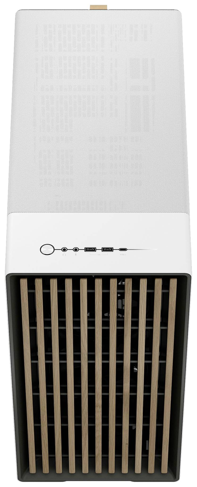 Oczyszczacz powietrza z białą obudową i drewnianą kratką, stojący pionowo. Na górze symbole sterowania.