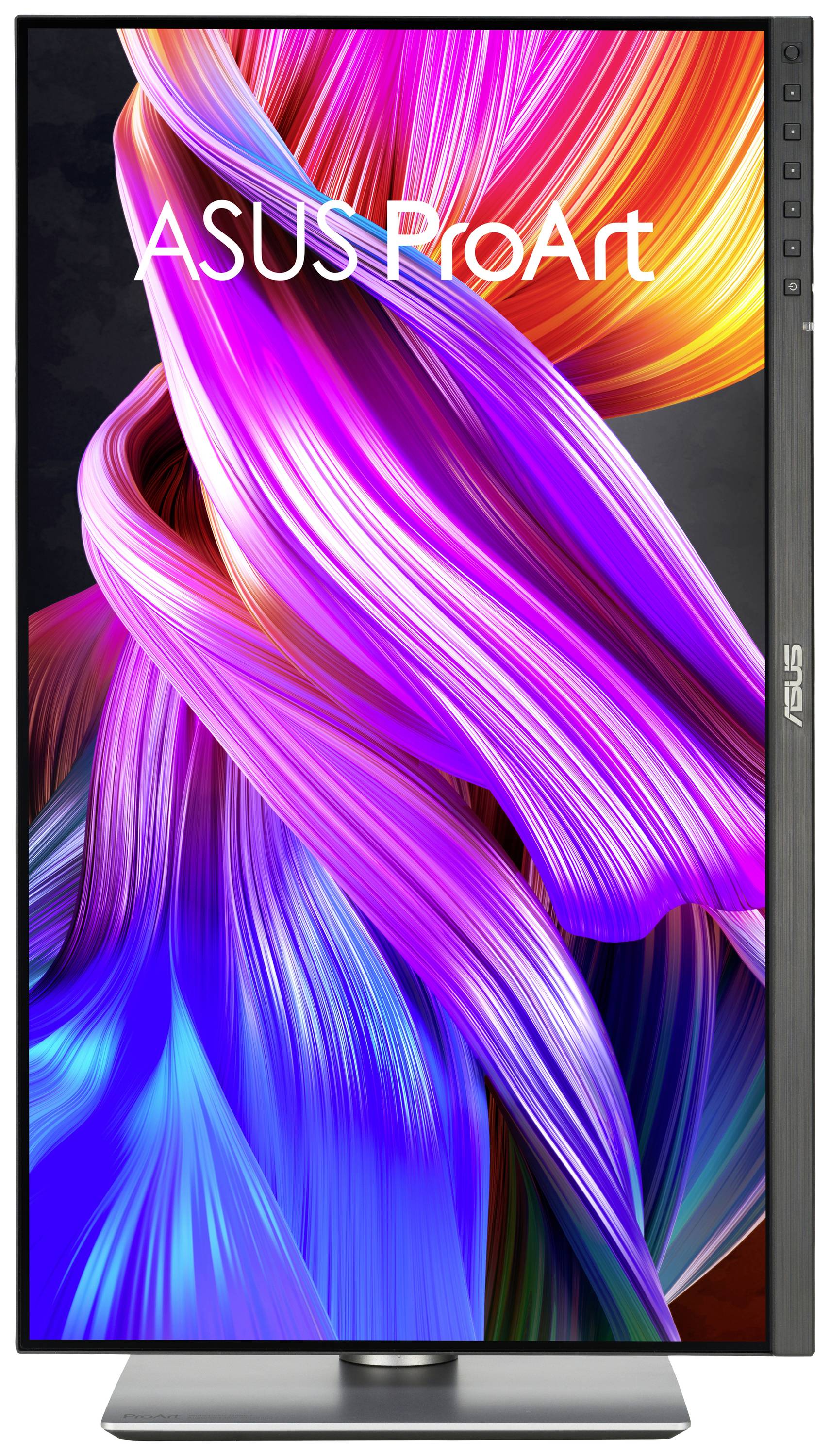 Monitor z napisem 'ASUS ProArt' wyświetla żywy, kolorowy wzór, podkreślający kreatywność i design.