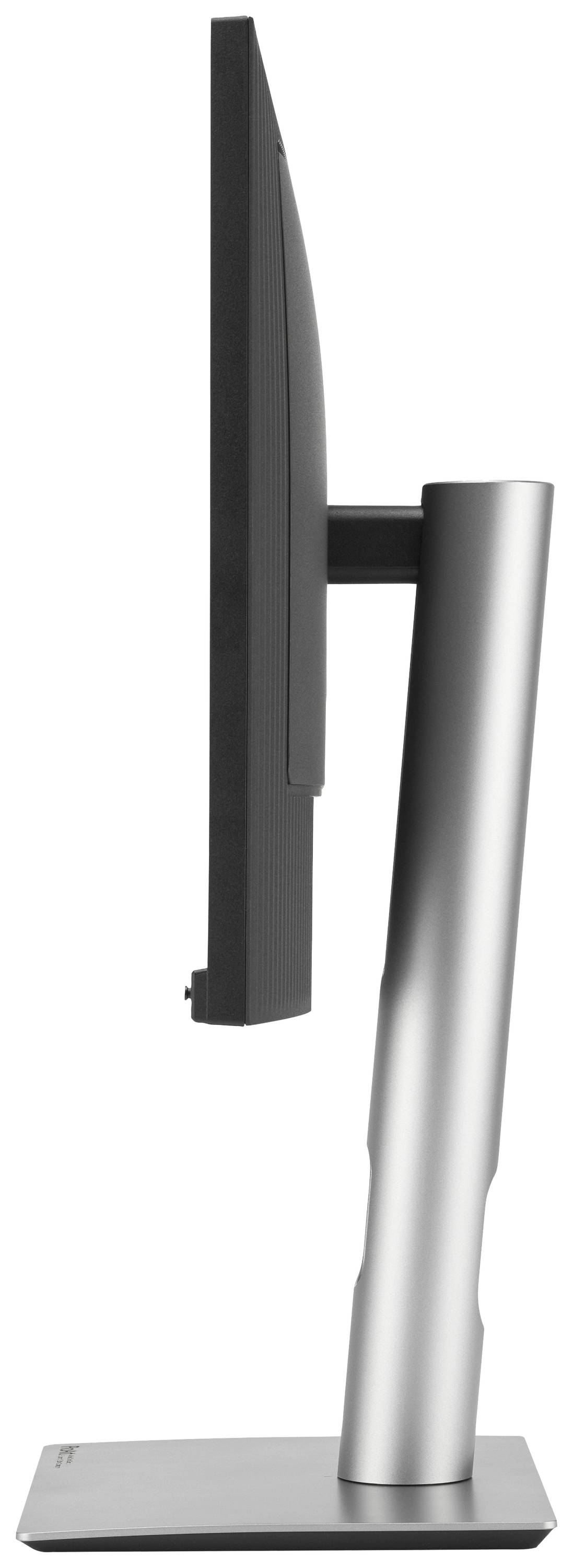 Płaski ekran w widoku bocznym na srebrnej podstawie, obraz prezentuje smukłą i nowoczesną stylistykę monitora.