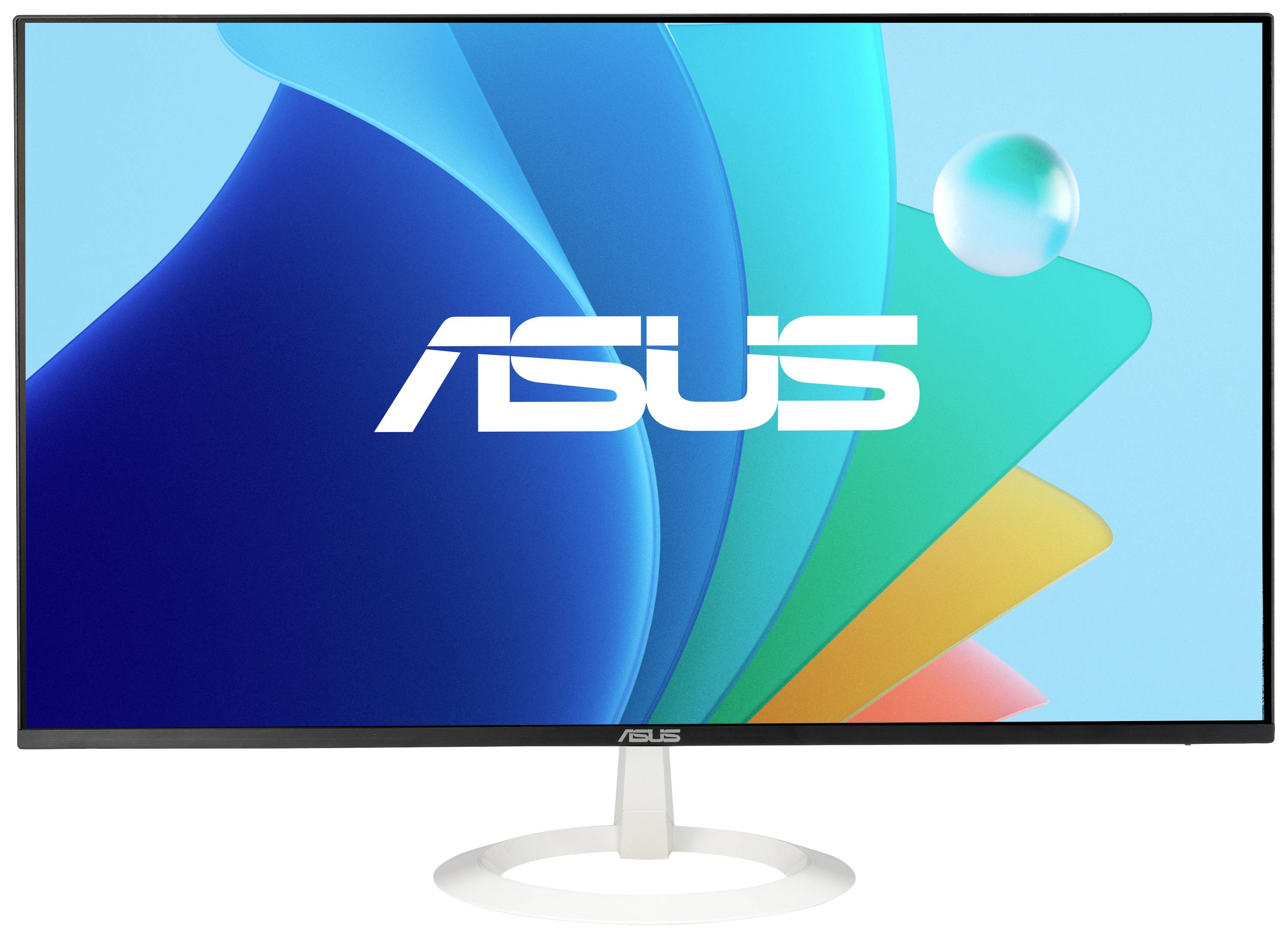 Nowoczesny monitor ASUS z wąską ramką i dużym ekranem, wyświetlający abstrakcyjne, kolorowe tło.