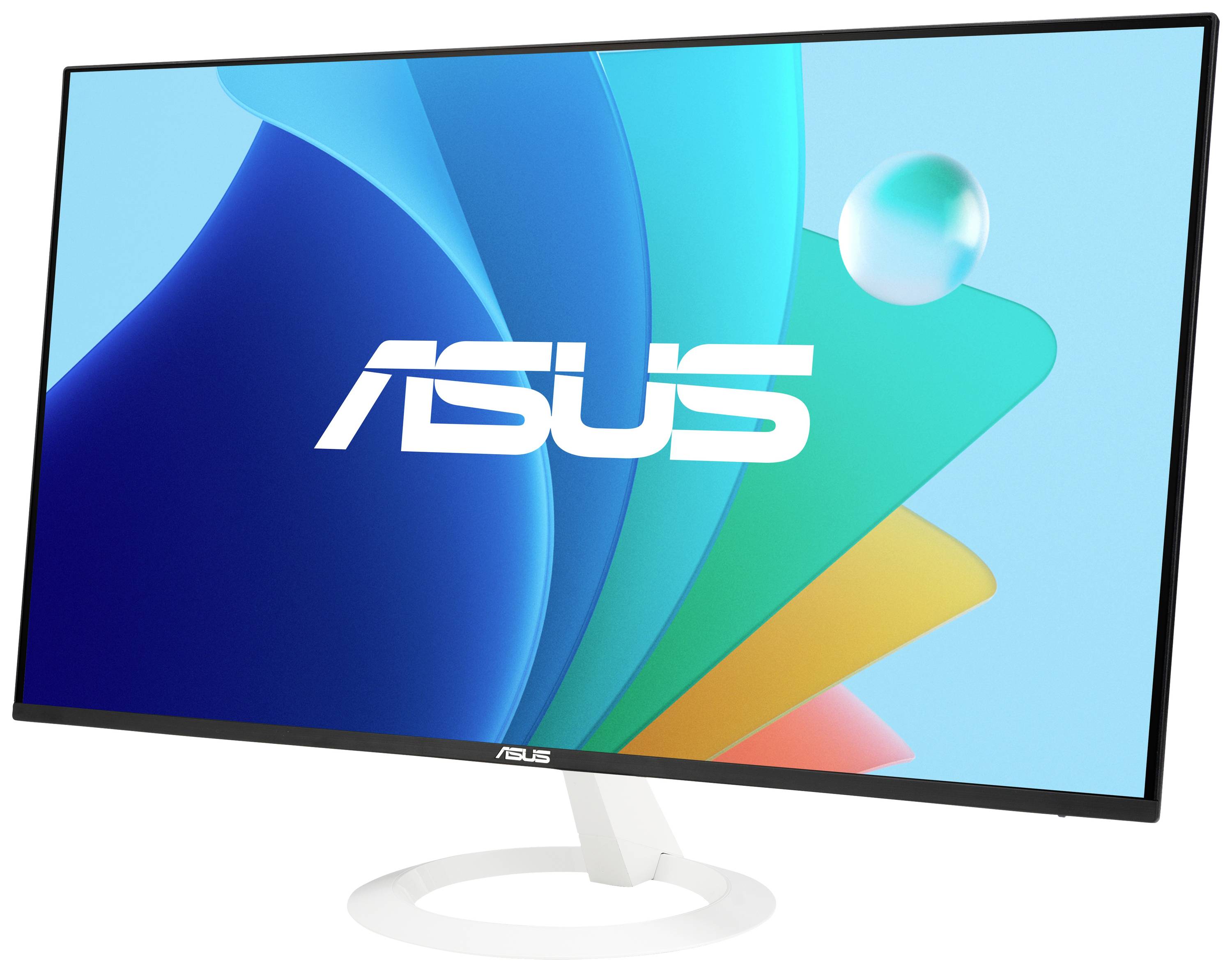 Monitor ASUS z dużym ekranem, na którym widoczne jest logo ASUS. Tło jest abstrakcyjne i kolorowe.