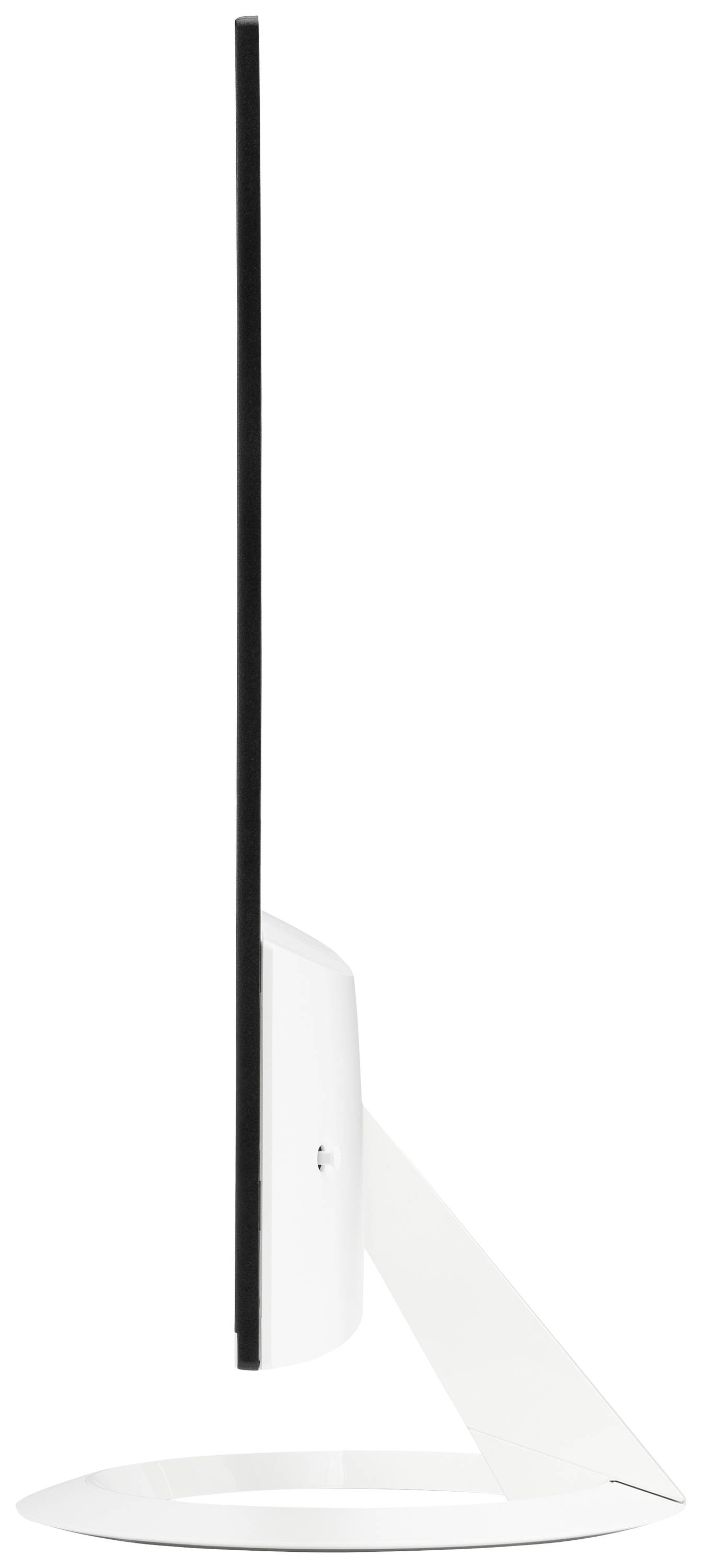 Ultracienki czarny ekran płaski na białej podstawce, widziany z boku.