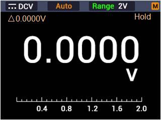 Elektroniczny wyświetlacz pokazuje pomiar napięcia wynoszący 0,0000 V. Na górze widoczne są ustawienia: DCV, Auto, Range 2V, funkcja Hold aktywowana.