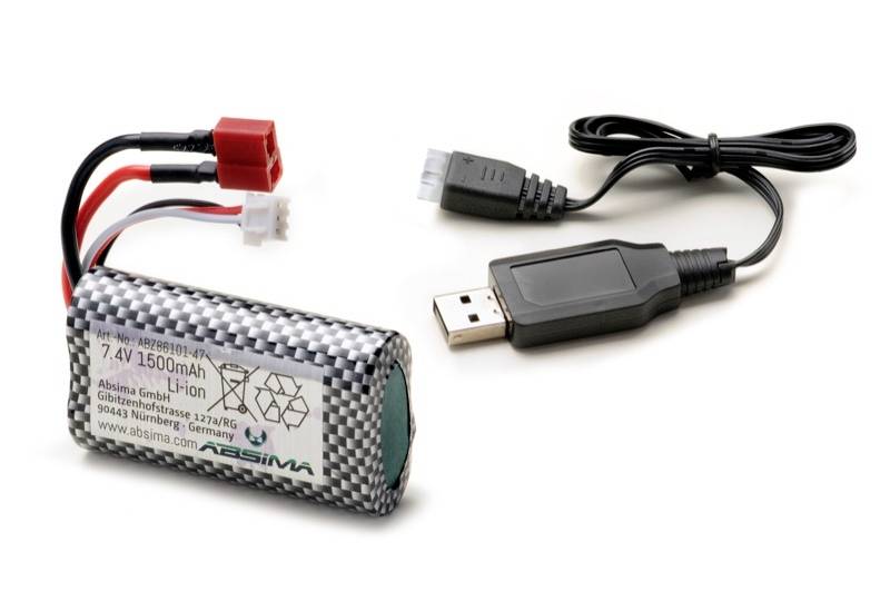 Akumulator i kabel USB: 7,4V 1500mAh akumulator Li-Po z wtyczkami balansera i kablem ładującym USB z wtyczką mini. Nazwa marki na akumulatorze.