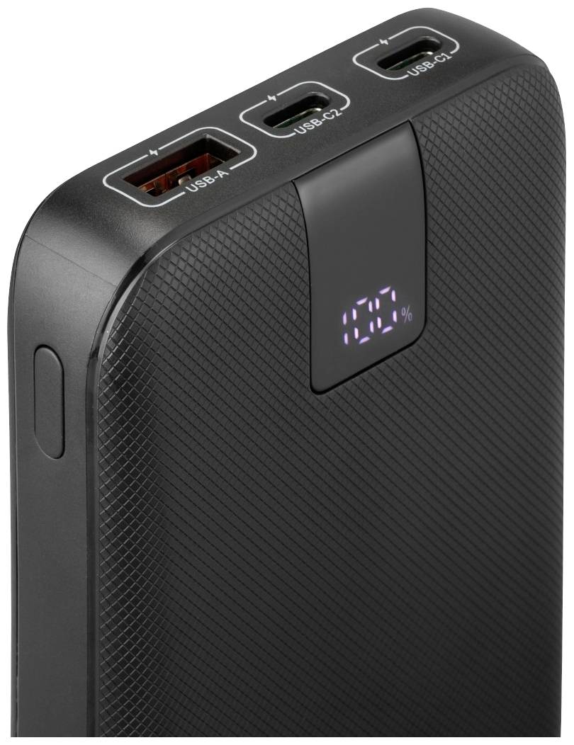 Czarny powerbank z trzema portami USB (USB-A, USB-C1, USB-C2) oraz wyświetlaczem cyfrowym wskazującym '100%'.