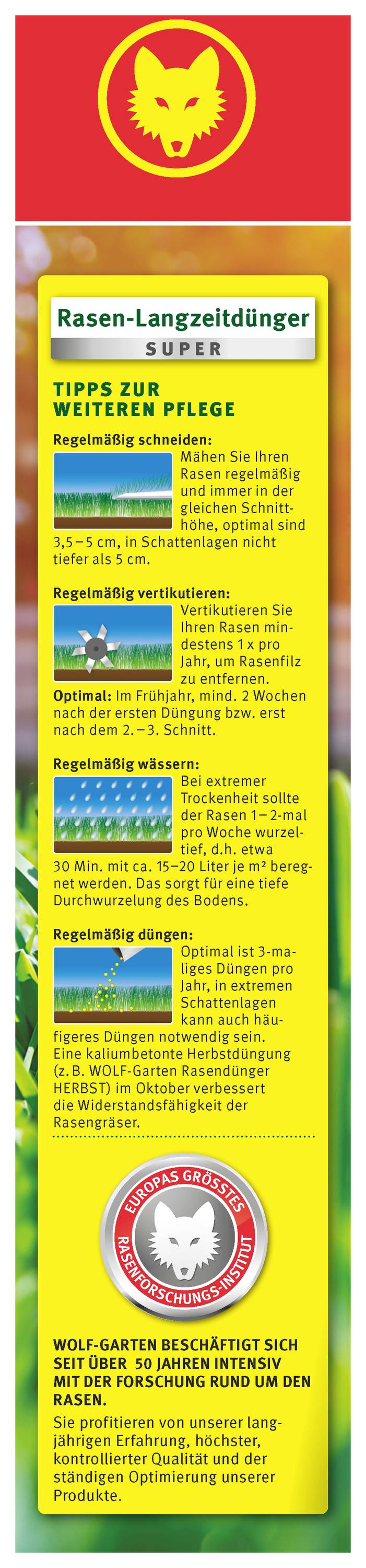 Nawóz długoterminowy do trawnika. Porady dotyczące pielęgnacji trawnika: 1. Koszenie, 2. Podlewanie, 3. Nawożenie zalecanym produktem. Pieczęć WOLF-Garten poniżej.