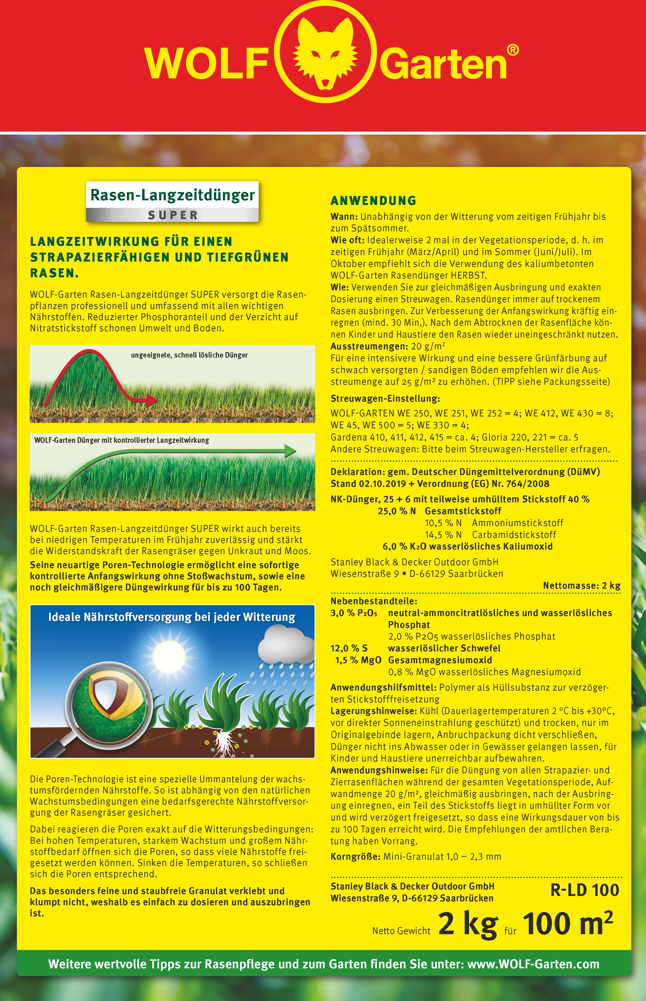 Nawóz do trawnika firmy Wolf Garten. Opakowanie zawiera instrukcje stosowania oraz zalety produktu gwarantującego piękny, zielony trawnik.