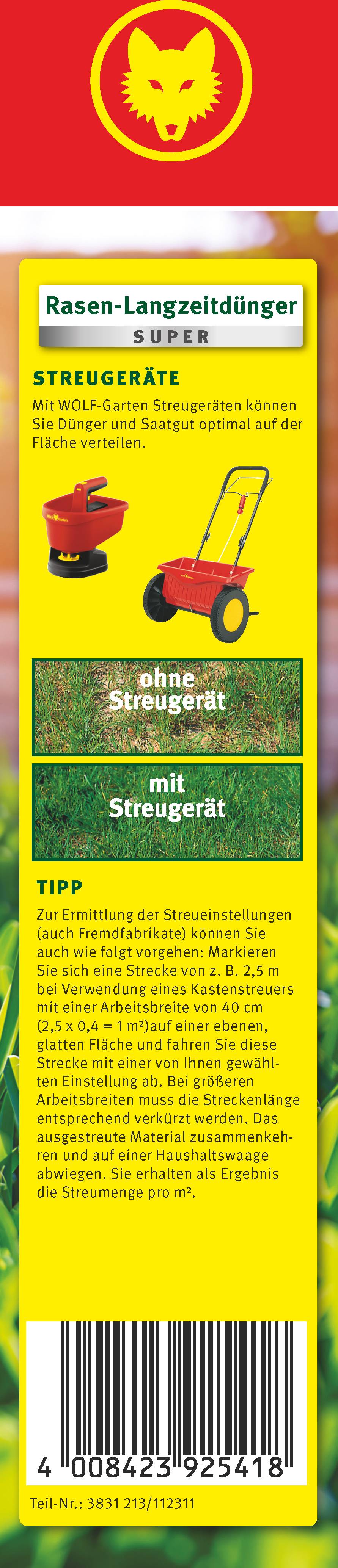 Etykieta nawozu długodziałającego do trawnika z ilustracją urządzeń do wysiewu. Zawiera instrukcję i wskazówki dotyczące stosowania z urządzeniem i bez urządzenia do wysiewu.