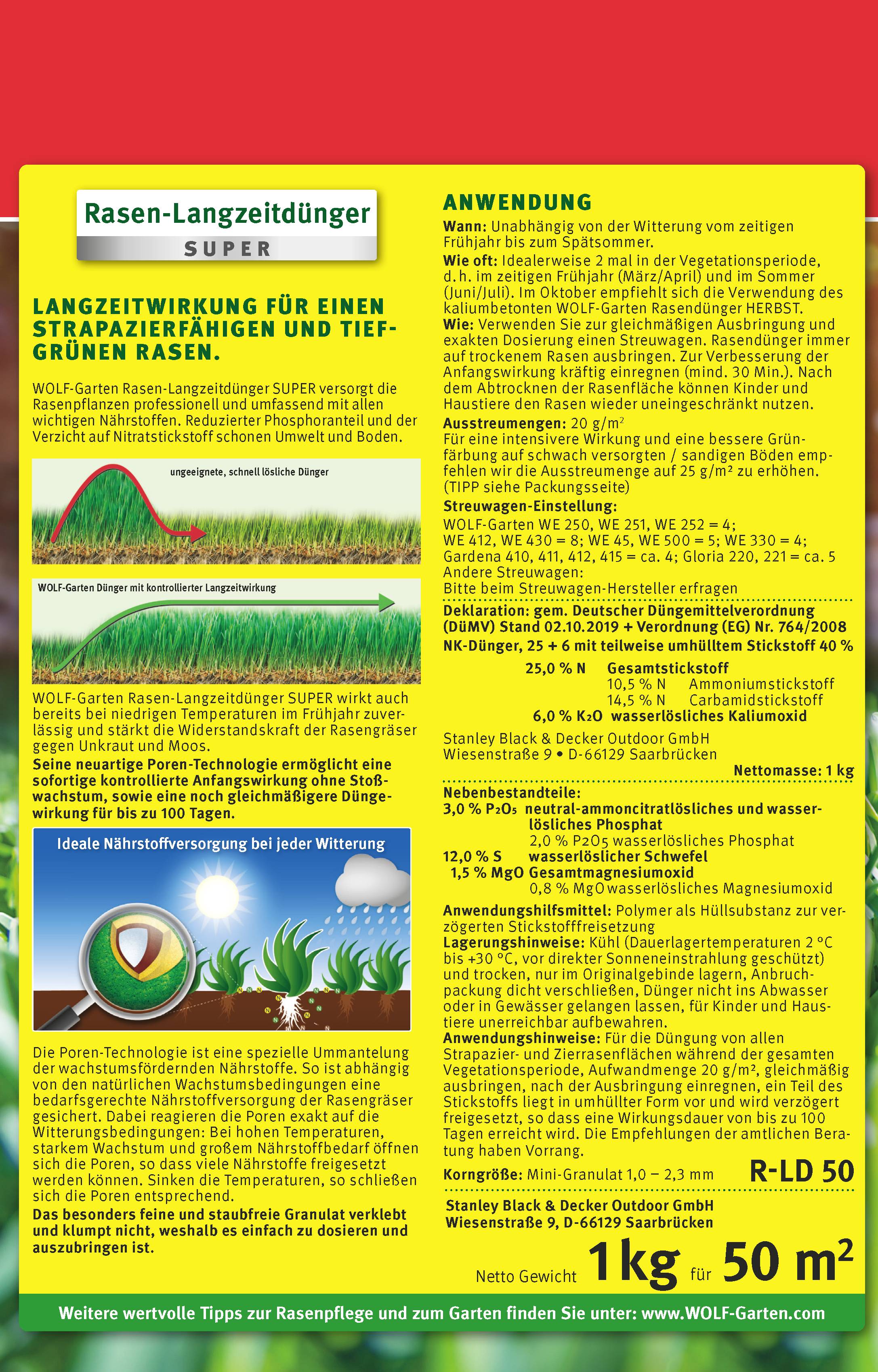 Nawóz długodziałający SUPER do trawnika firmy WOLF-Garten do gęstego, wytrzymałego trawnika. Wskazówki dotyczące stosowania i składniki dla opakowania na 50 m².