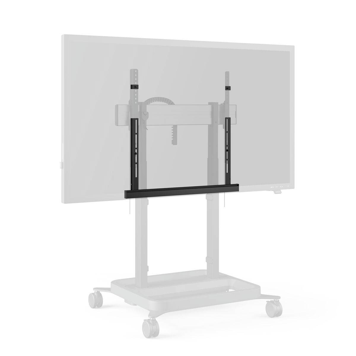 Ruchomy stojak na monitor z kółkami i regulowanym mocowaniem, odpowiedni dla dużych wyświetlaczy. Nie zawiera monitora.