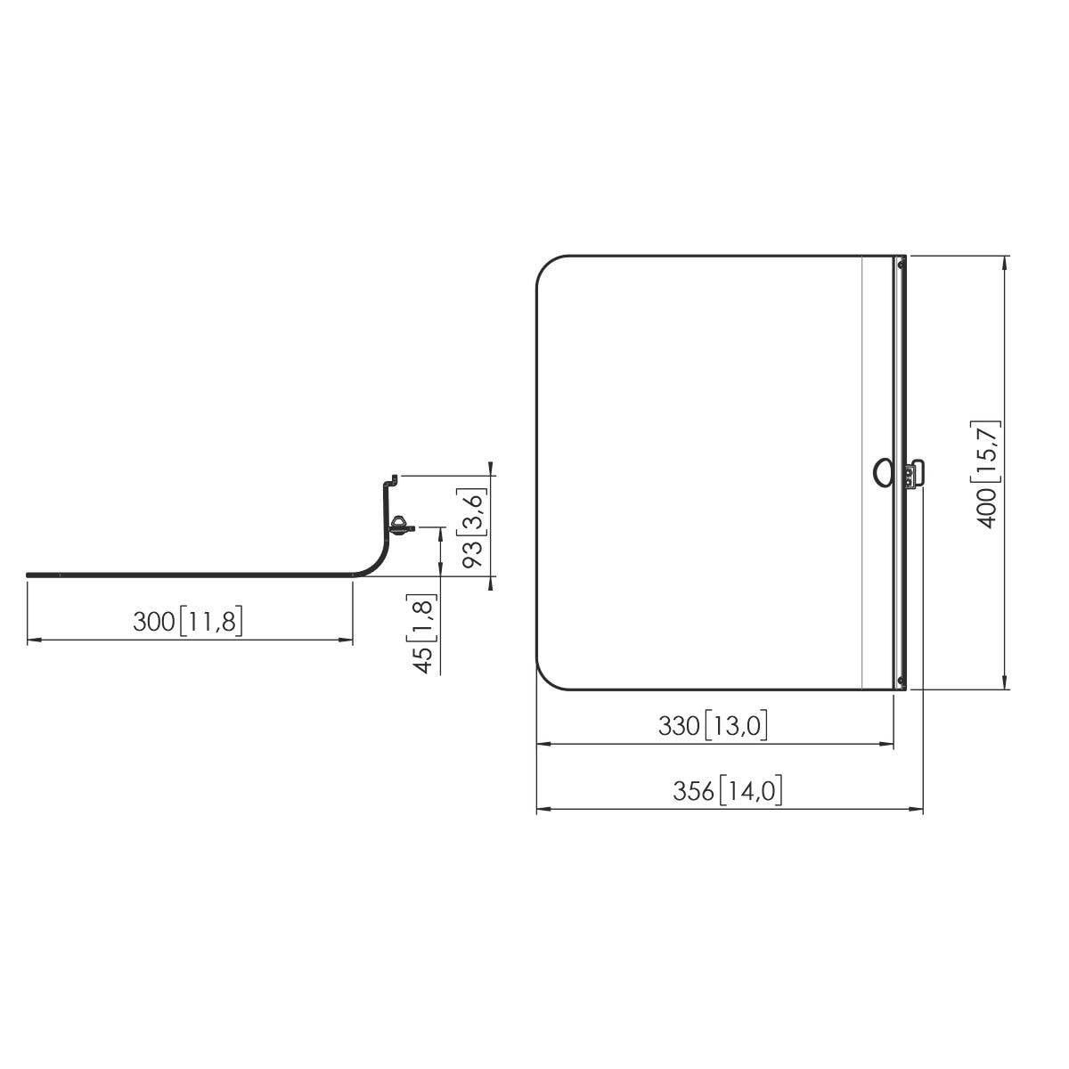 Rysunek techniczny półki z wymiarami: szerokość 400 mm, głębokość 356 mm, wysokość 45 mm. Przedstawiono widok boczny i czołowy.