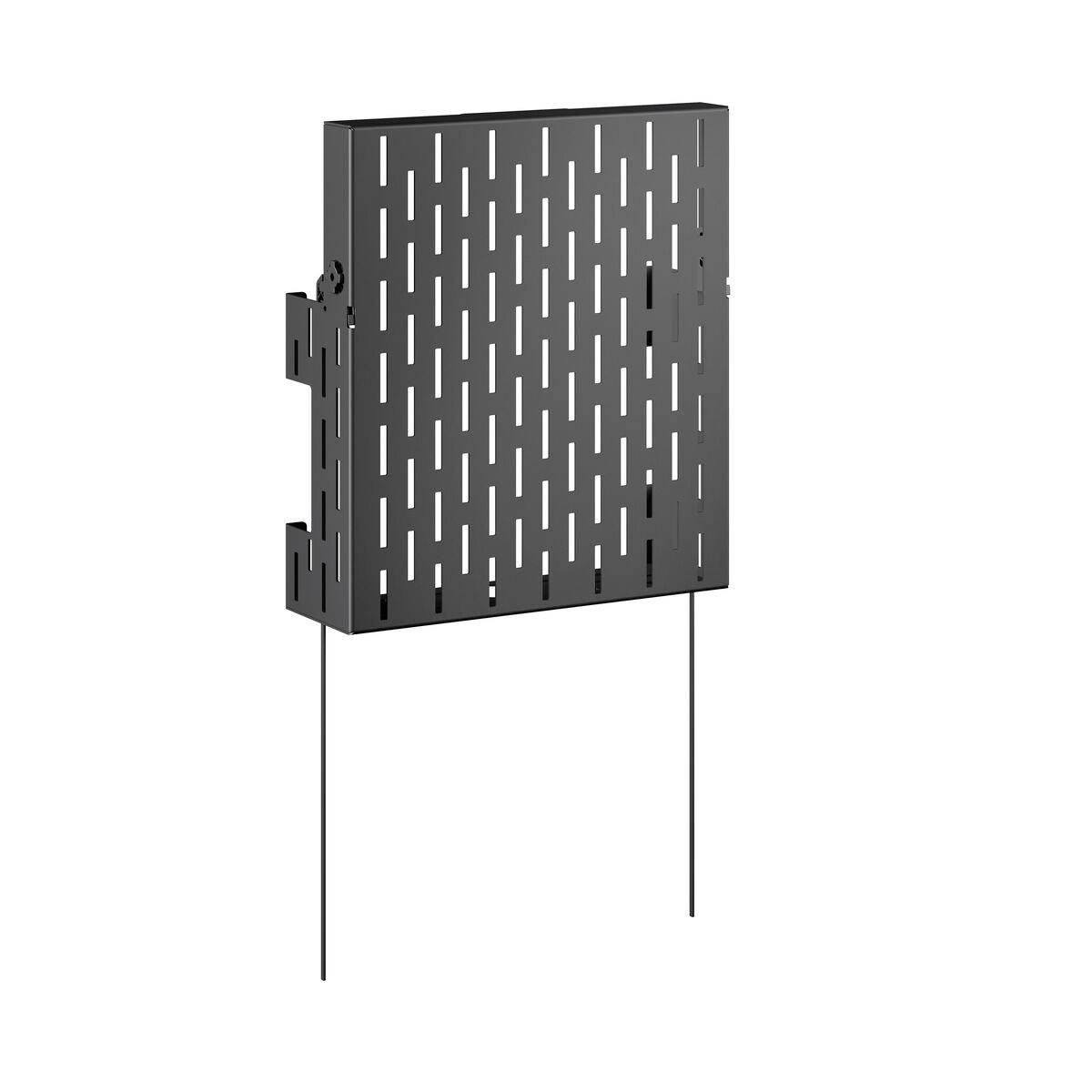 Szara, prostokątna metalowa szyna z pionowymi szczerbinami, zamontowana na systemie mocującym.