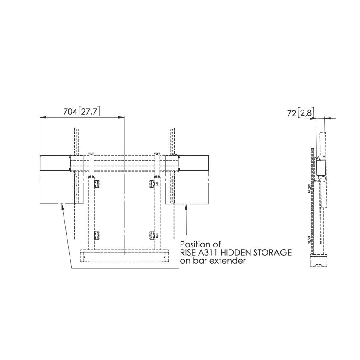 Rysunek techniczny wspornika z wymiarami. Przedstawia pozycję 'RISE A311 UKRYTA KOMORA' na przedłużaczu do roweru.