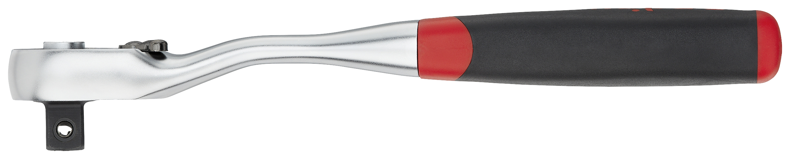 Klucz z mechanizmem zapadkowym z czerwonym i czarnym uchwytem, używany do dokręcania lub odkręcania nakrętek i śrub.