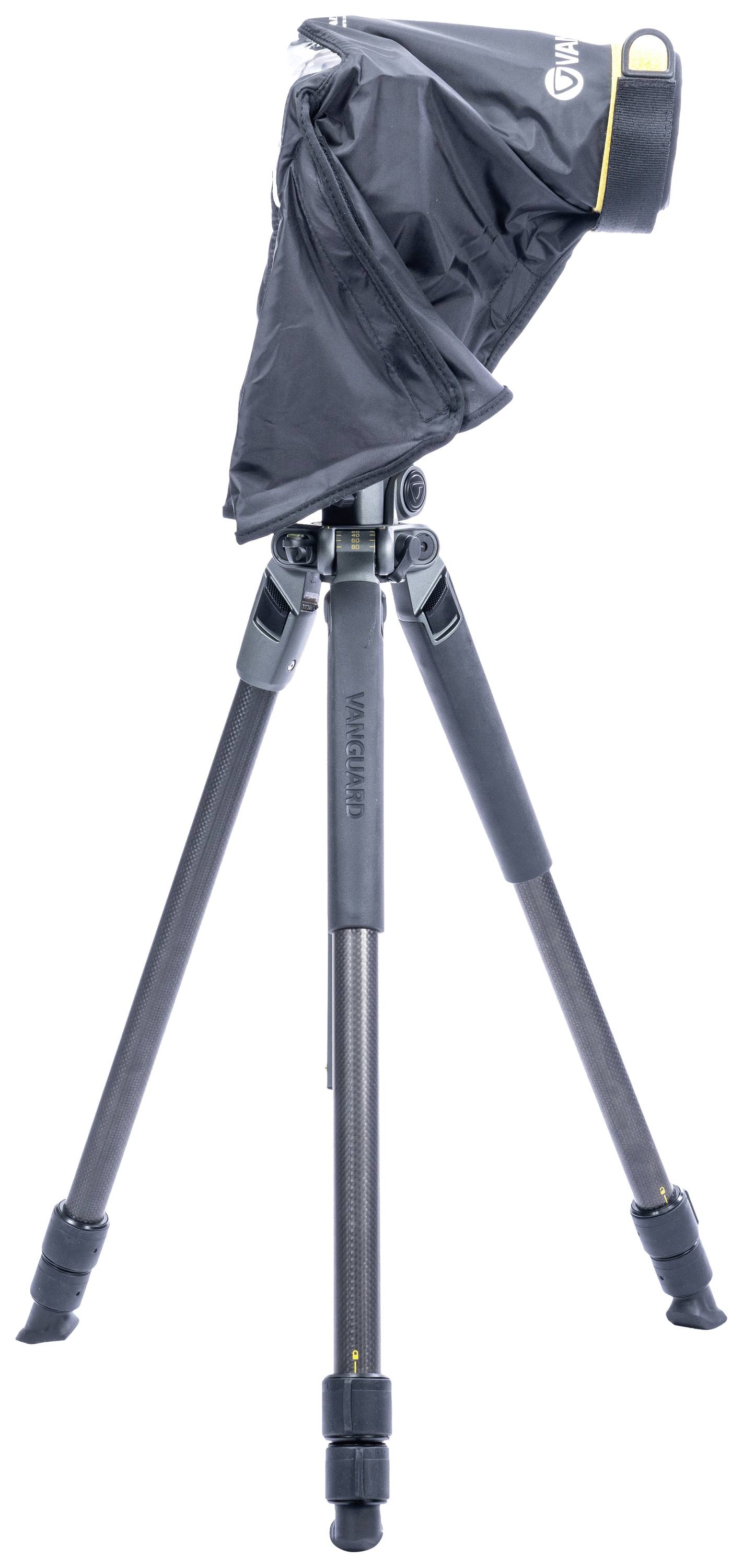 Statyw z czarną osłoną ochronną do aparatu, zapewnia stabilność i ochronę przed warunkami atmosferycznymi, trójnożny i o regulowanej wysokości.
