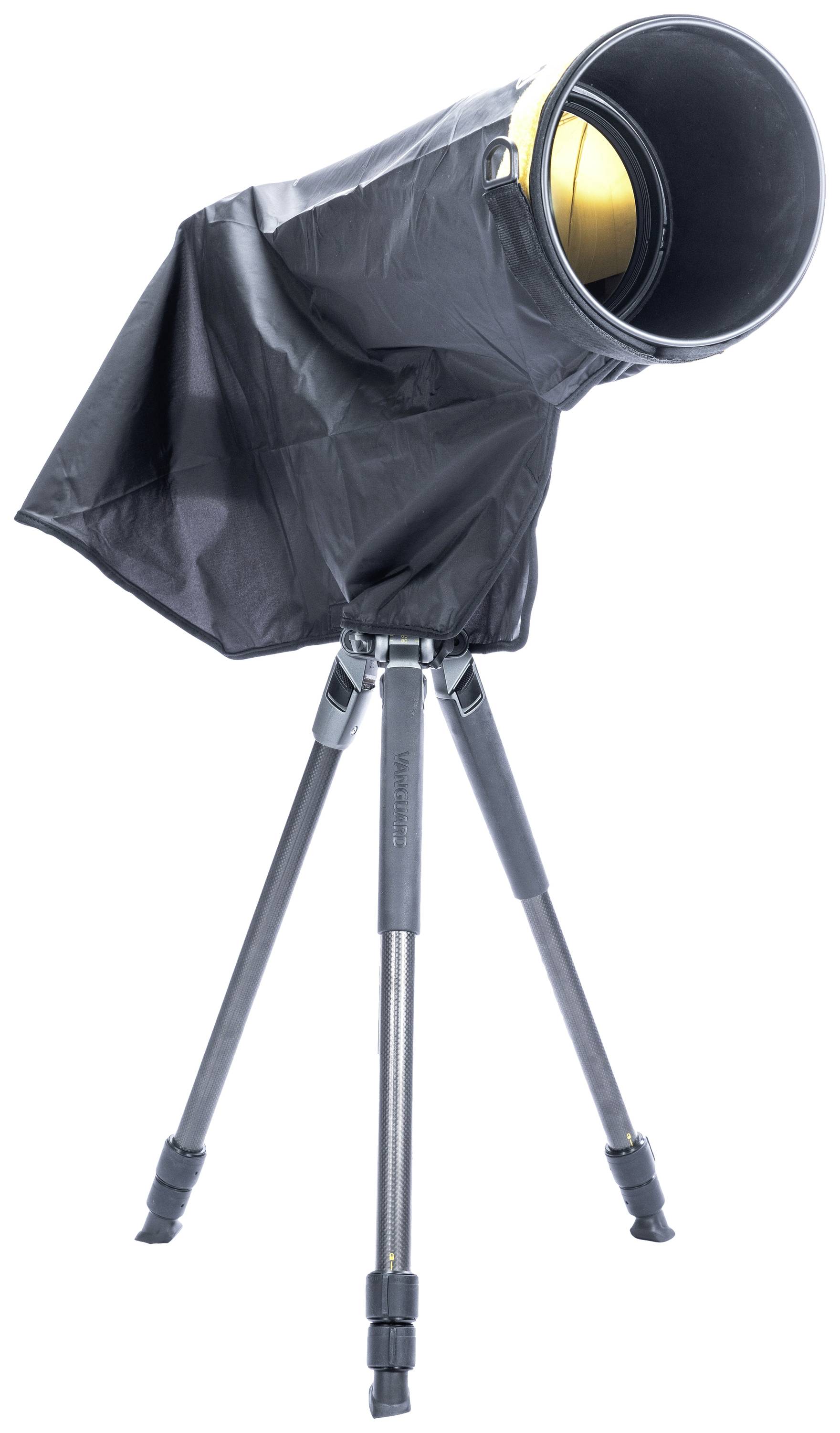 Teleskop na trójnożnym statywie, z czarną osłoną. Odpowiedni do obserwacji nieba. Brak dalszych widocznych szczegółów.