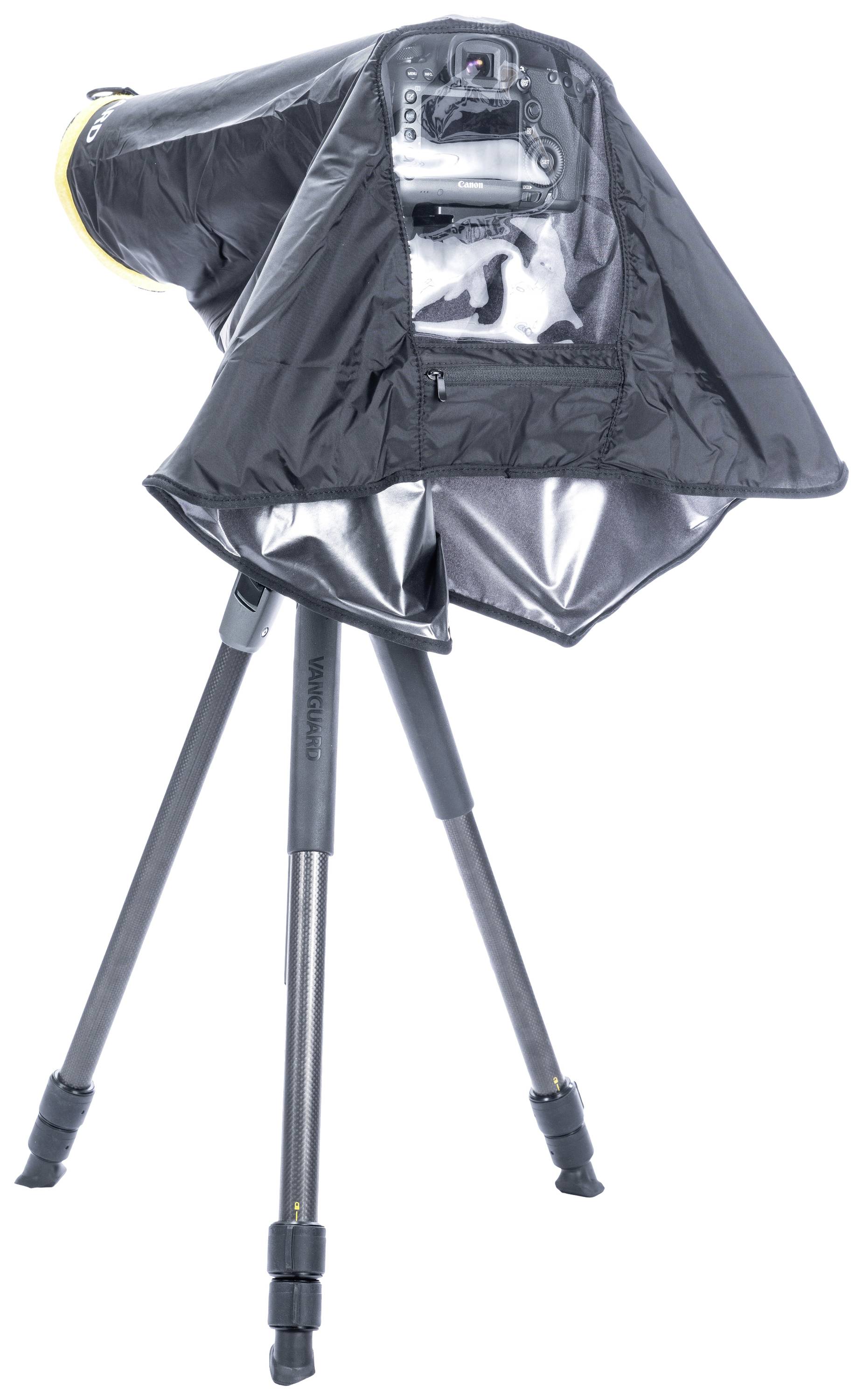 Kamera umieszczona na statywie jest zabezpieczona ochronnym, wodoodpornym pokrowcem, który chroni urządzenie przed wilgocią.