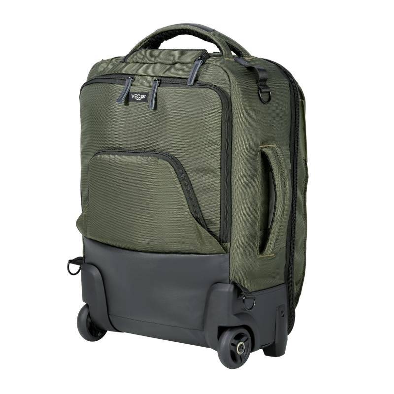 Oliwkowozielona walizka na kółkach z wytrzymałym uchwytem, zamkami błyskawicznymi i dwoma kółkami, odpowiednia do podróżowania.