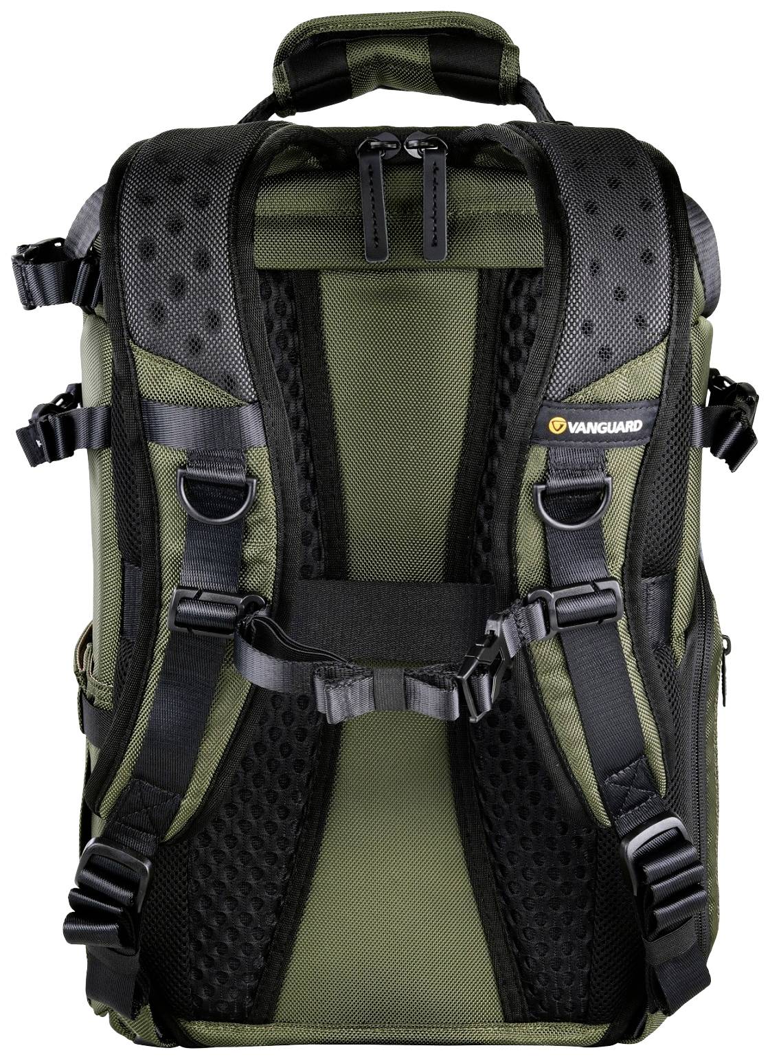 Zielony plecak z wyściełanymi paskami na ramiona i wieloma pasami. Logo marki widoczne w górnym prawym rogu.