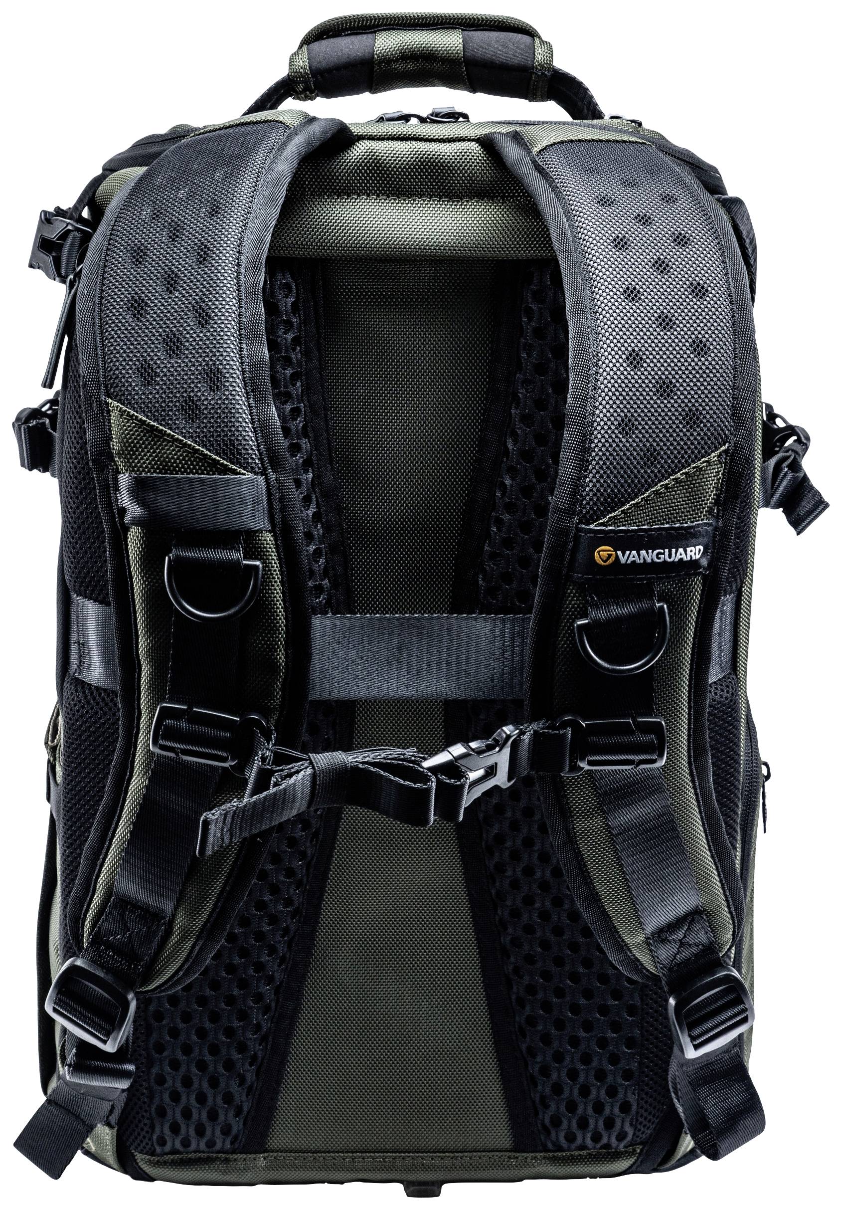 Plecak widziany od tyłu, z wyściełanymi paskami i materiałami przepuszczającymi powietrze, odpowiedni do aktywności na świeżym powietrzu.