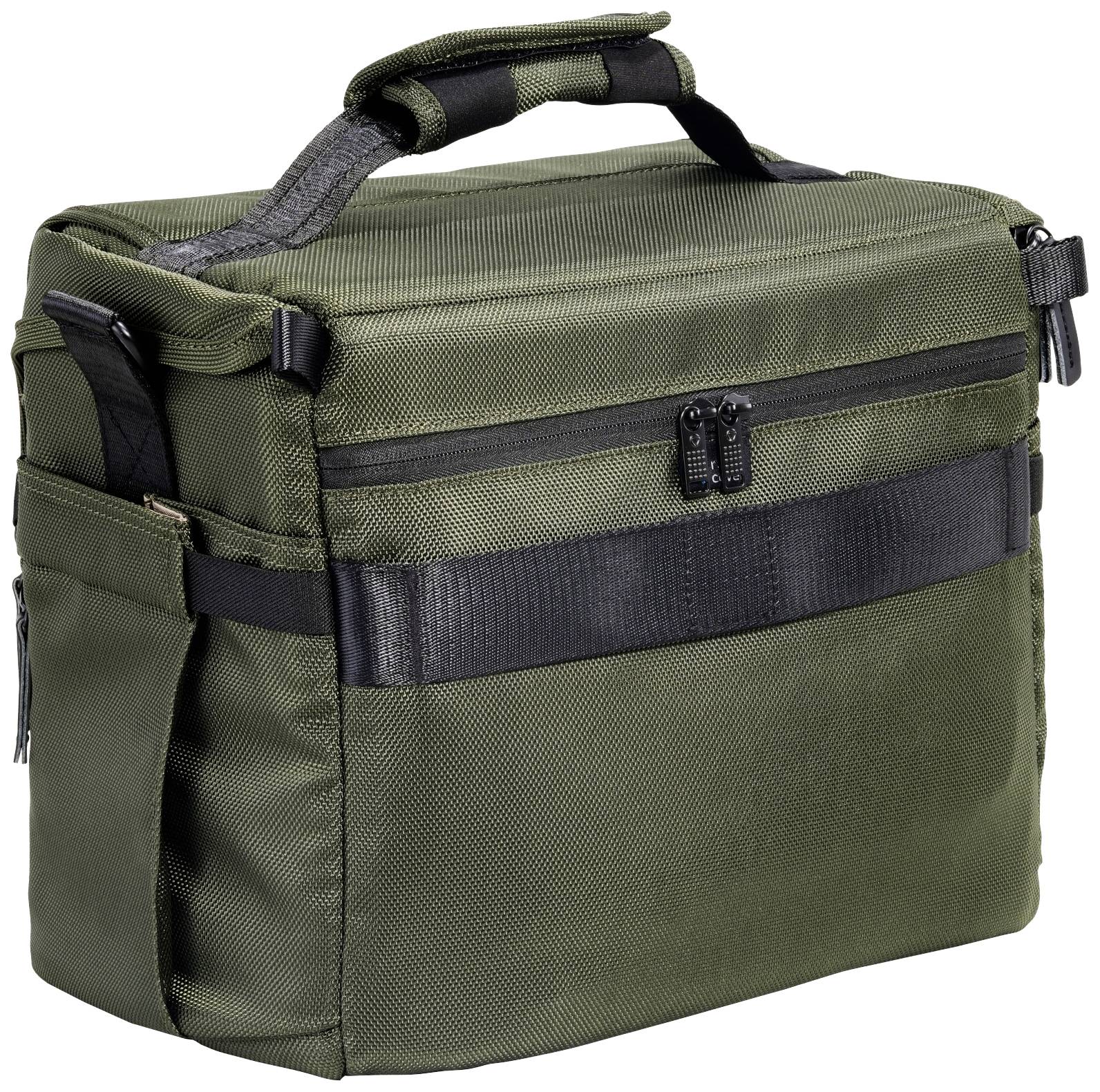 Zielona, prostokątna torba na ramię z zamkiem błyskawicznym i uchwytem, odpowiednia do przewożenia sprzętu.