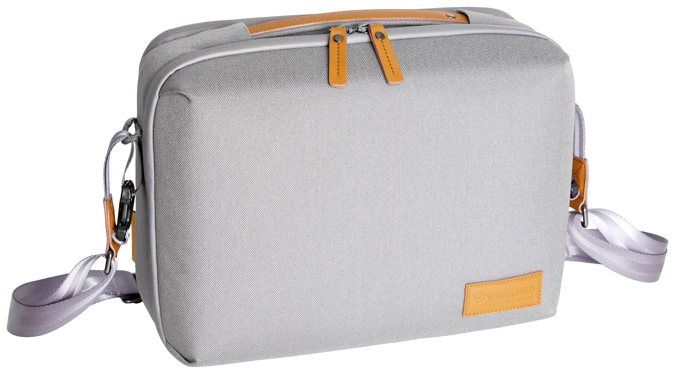 Szara torba na ramię z pomarańczowymi zamkami błyskawicznymi i elementami oraz fioletowym paskiem na ramię.