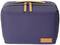 Fioletowa torba na aparat fotograficzny z dwoma pomarańczowymi zamkami błyskawicznymi i logo po stronie.