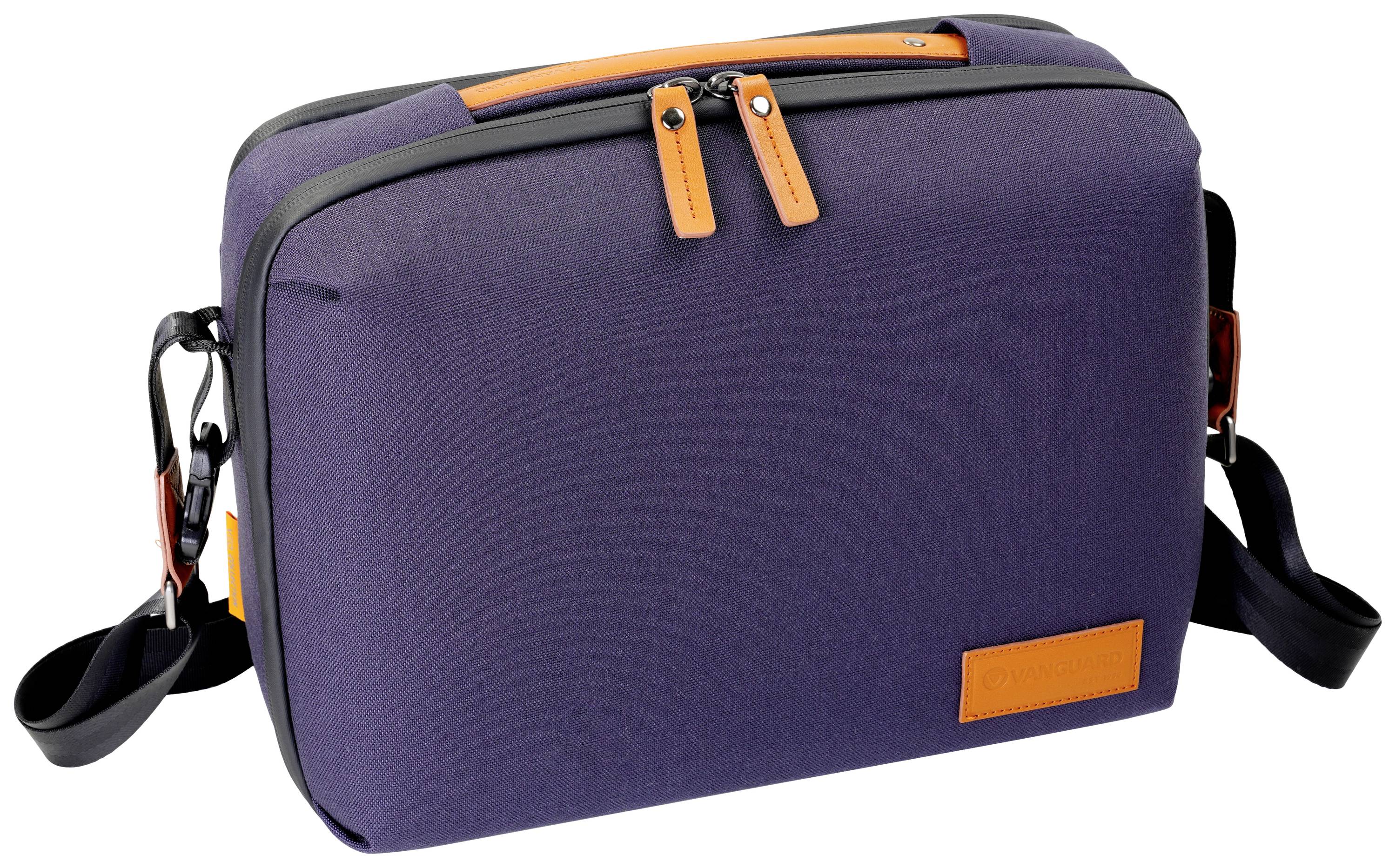 Ciemnoniebieska torba na ramię z pomarańczowymi akcentami i czarnymi paskami, idealna do codziennego użytku.