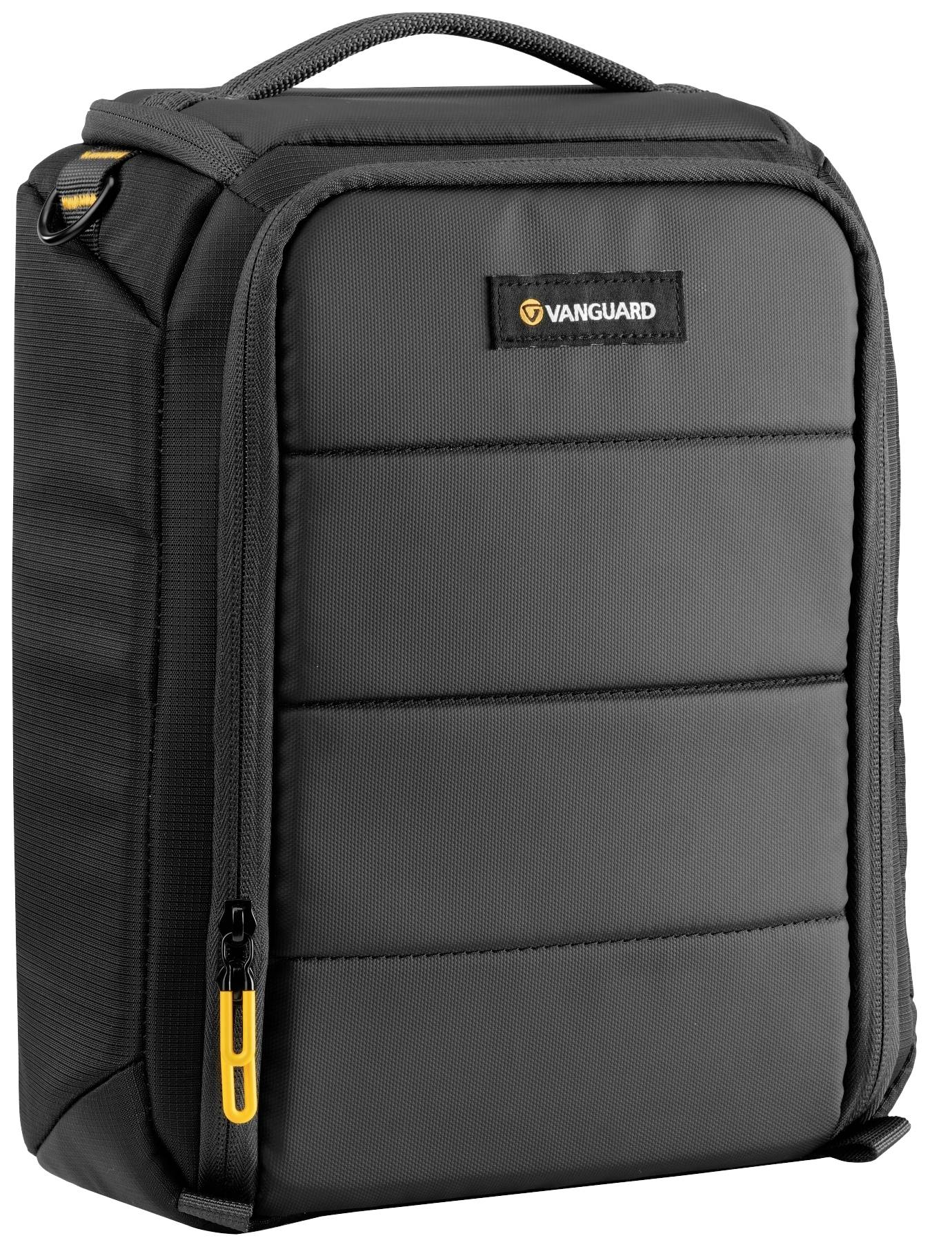 Czarny, wyściełany plecak na aparat fotograficzny z uchwytem do przenoszenia i zamkiem błyskawicznym. Logo 'Vanguard' na przedniej stronie.