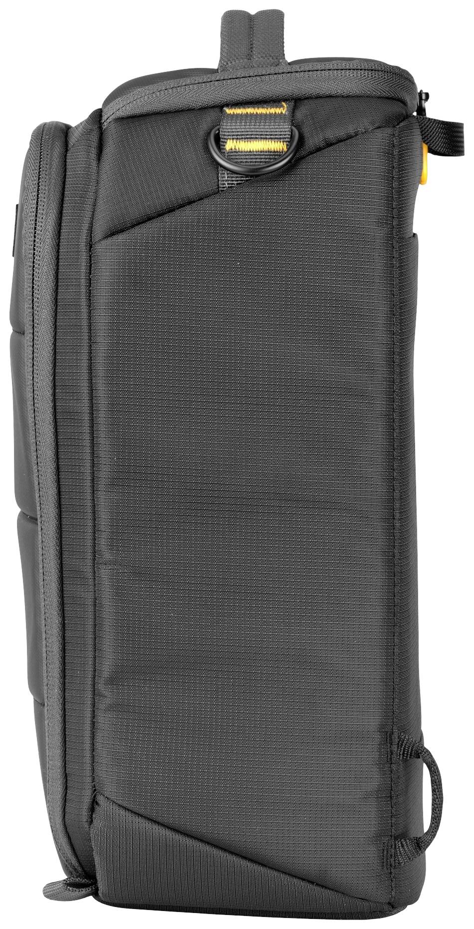 Widok z boku czarnej torby na aparat fotograficzny z żółtymi akcentami. Torba posiada zamek błyskawiczny i jest wyściełana dla ochrony.