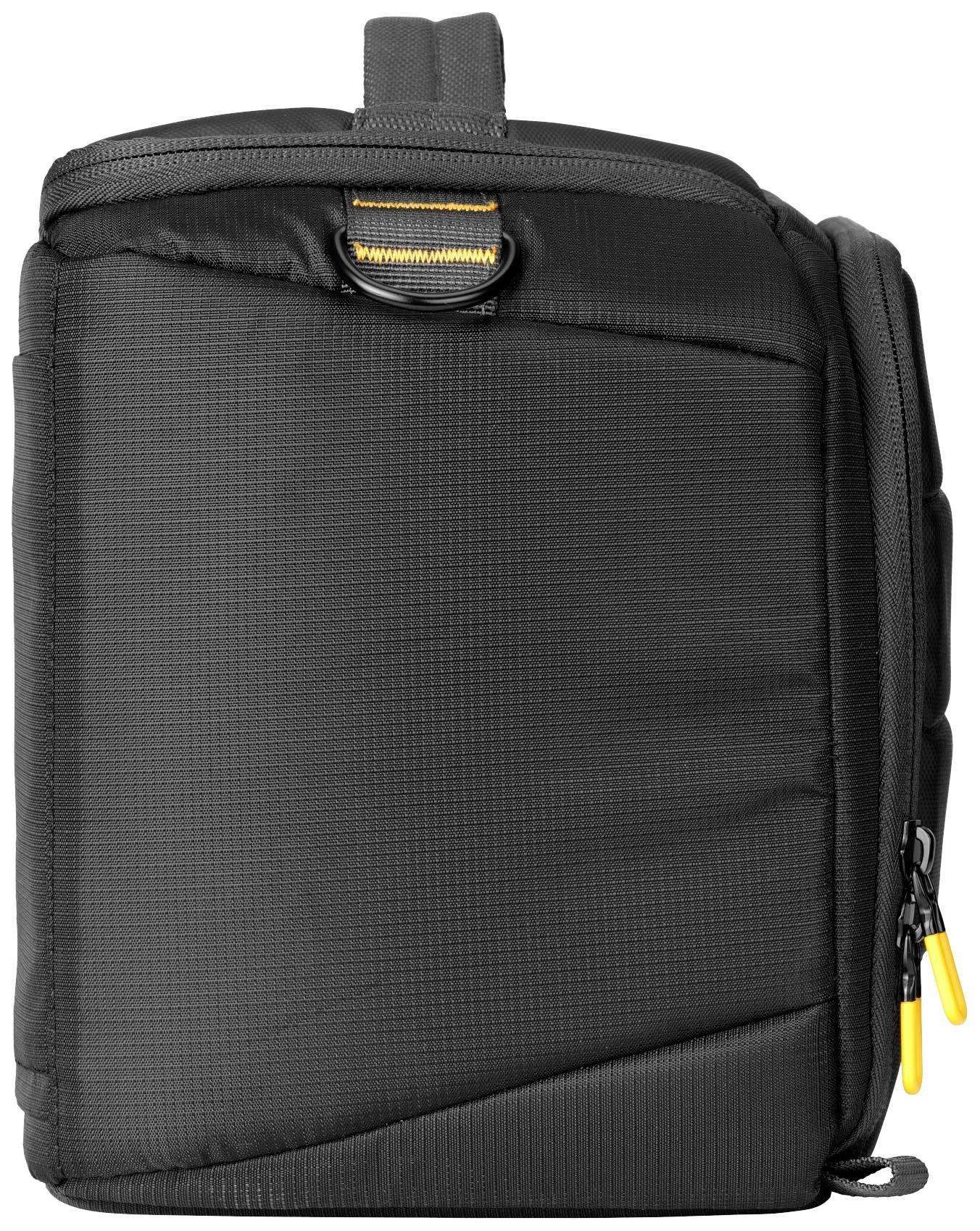 Czarny plecak na aparat fotograficzny z szarymi zamkami i żółtym akcentem.