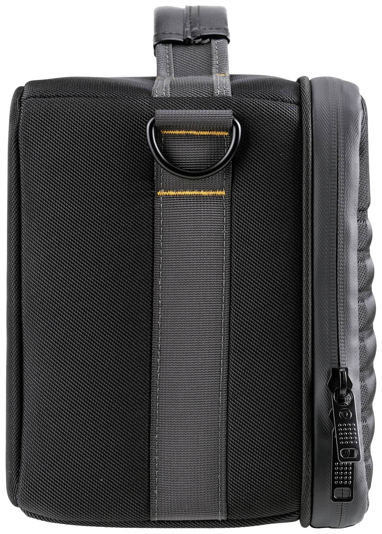 Czarna torba na aparat fotograficzny z zamkiem błyskawicznym i paskiem do noszenia, przedstawiona w pozycji pionowej. Idealna do bezpiecznego transportu i ochrony aparatów.