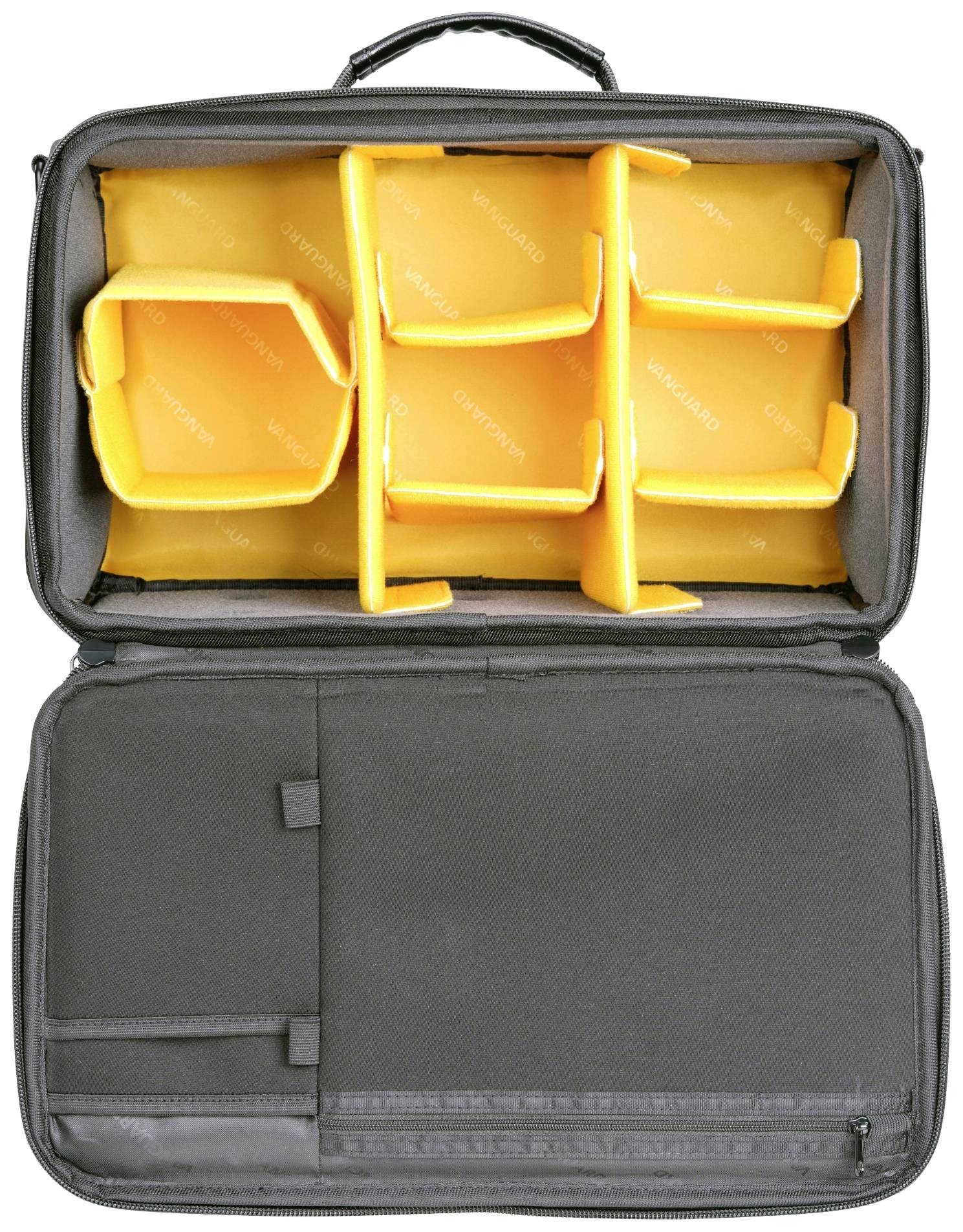 Otwarta torba fotograficzna z wieloma żółtymi, regulowanymi przegródkami do bezpiecznego przechowywania sprzętu fotograficznego.
