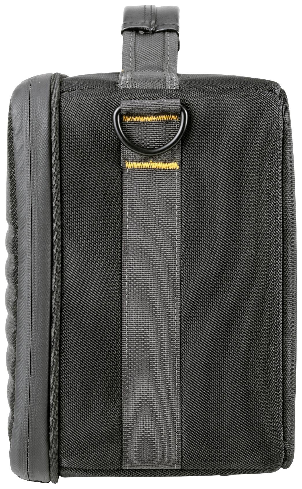 Czarna, prostokątna torba z uchwytem i żółtymi akcentami. Torba posiada strukturowaną powierzchnię i zamki błyskawiczne po bokach.