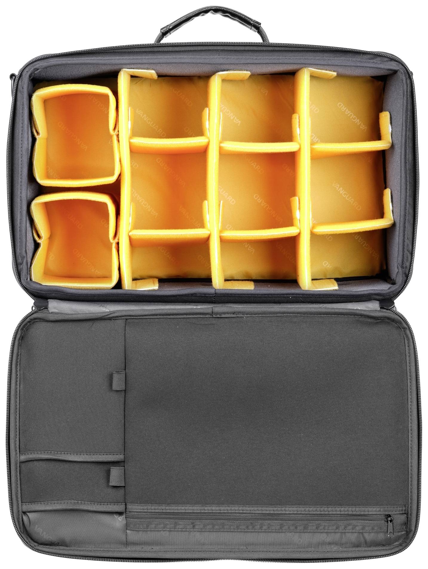 Otwarta torba na aparat fotograficzny z żółtymi, regulowanymi przegródkami do optymalnego przechowywania sprzętu fotograficznego.