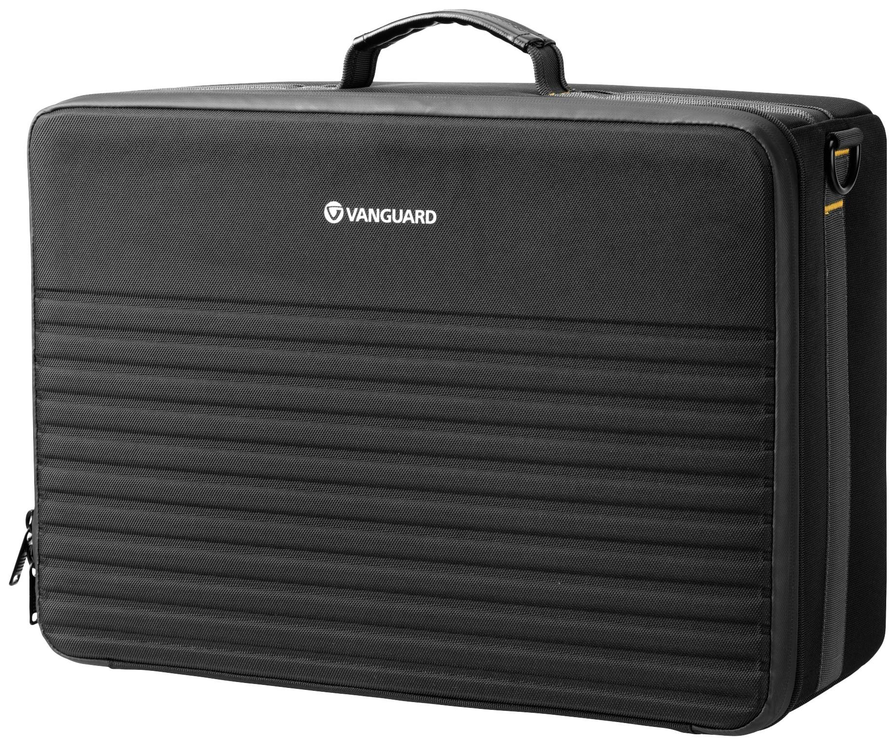 Czarna, prostokątna torba z uchwytem i logo z przodu. Zaprojektowana do bezpiecznego transportu i przechowywania.