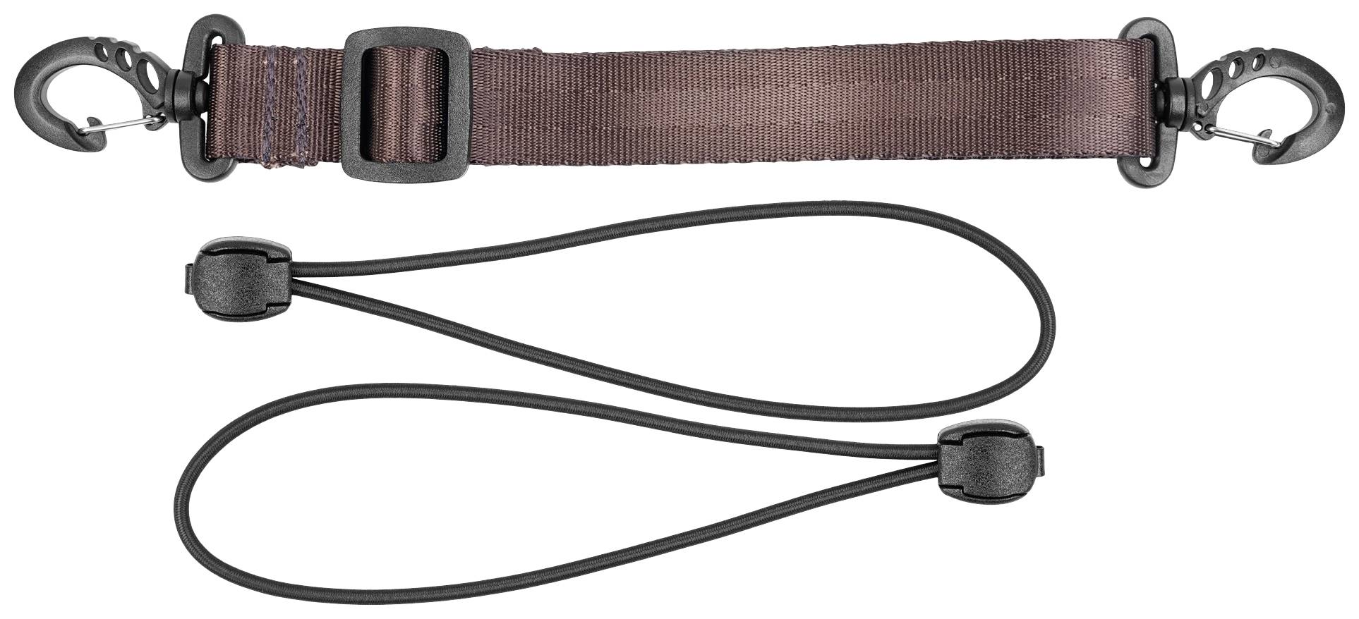 Brązowy pas z klamrami oraz dwa czarne elastyczne paski z zapięciami z tworzywa sztucznego, służące jako pasy do mocowania bagażu lub zabezpieczenia.