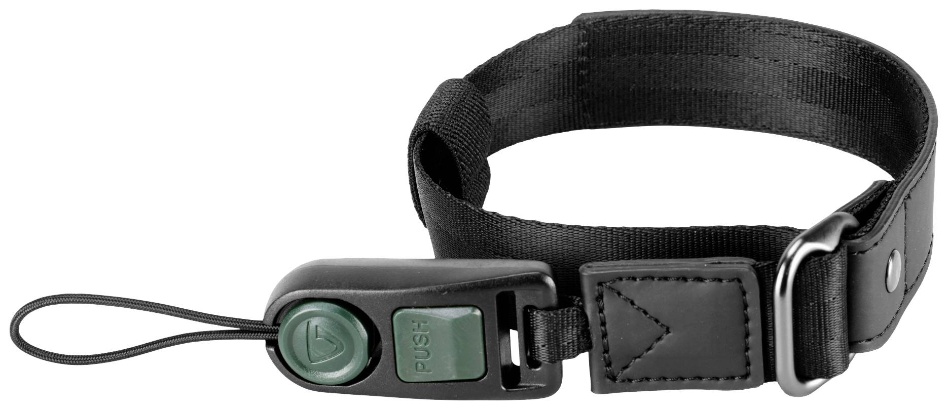 Czarna obroża z zieloną klamrą zatrzaskową. Posiada pętlę do mocowania oraz metalową klamrę do regulacji rozmiaru.