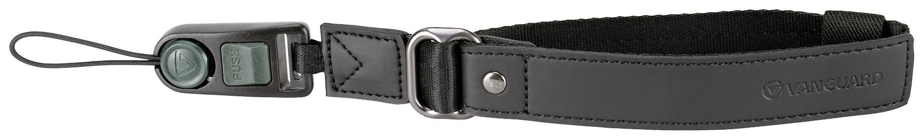 Czarny pas do aparatu z klipsem mocującym i pętlą do zabezpieczenia aparatu. Zaprojektowany z myślą o wygodnym noszeniu.