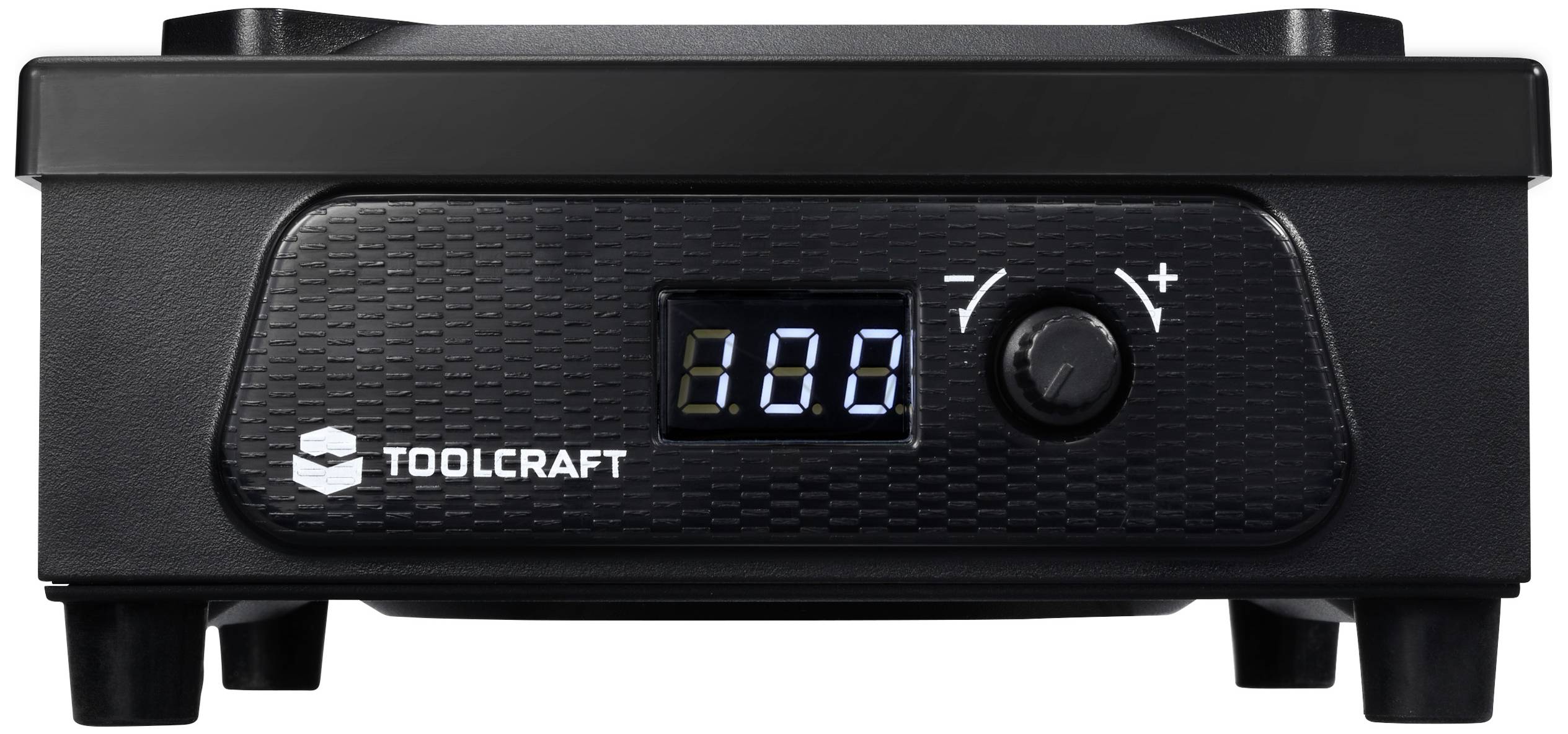 Elektroniczna stacja lutownicza z cyfrowym wyświetlaczem pokazuje temperaturę. Widoczne są pokrętło regulacyjne oraz logo marki 'TOOLCRAFT'.