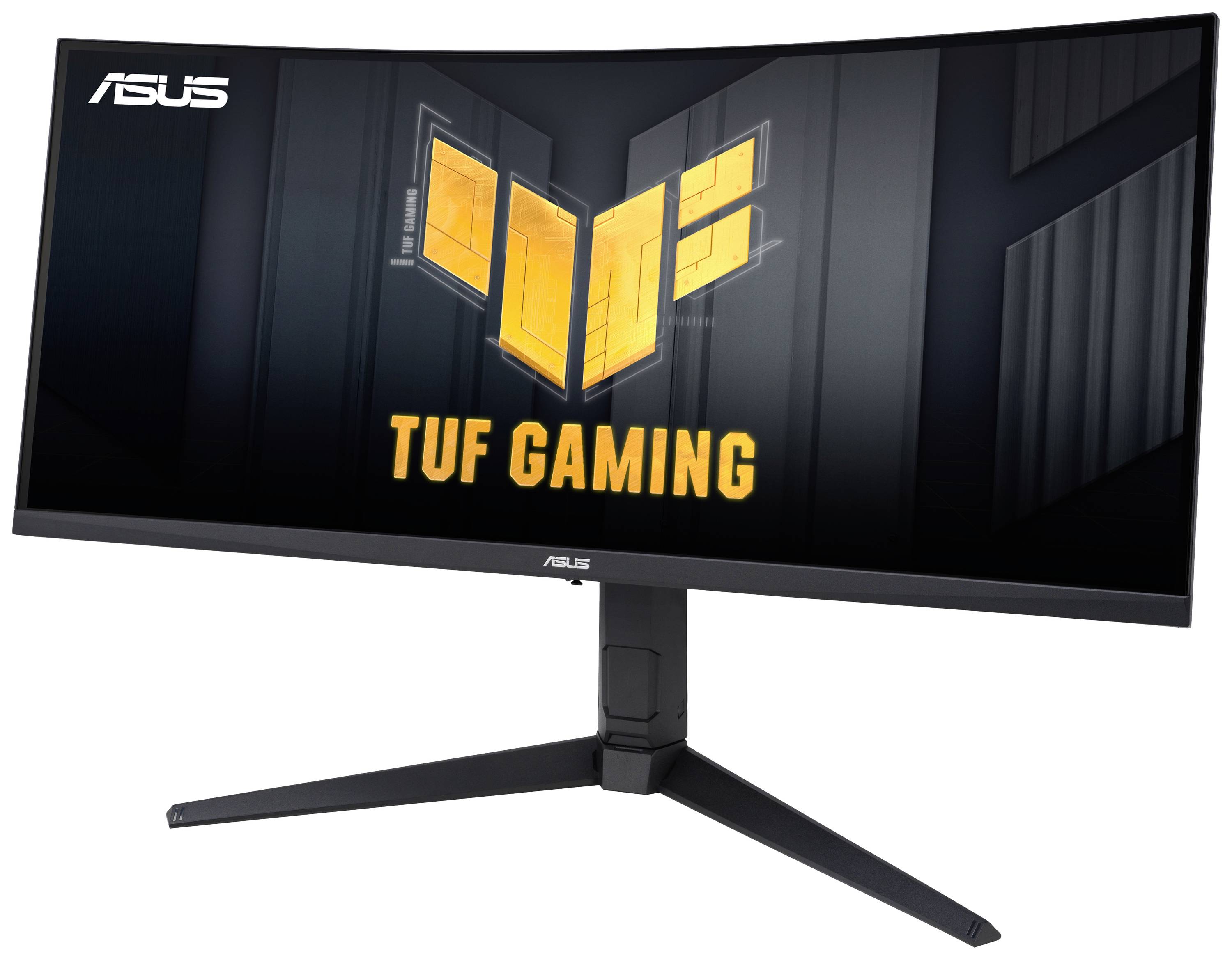Monitor ASUS TUF Gaming z zakrzywionym ekranem wyświetla jasne żółte logo i napis 'TUF GAMING'.