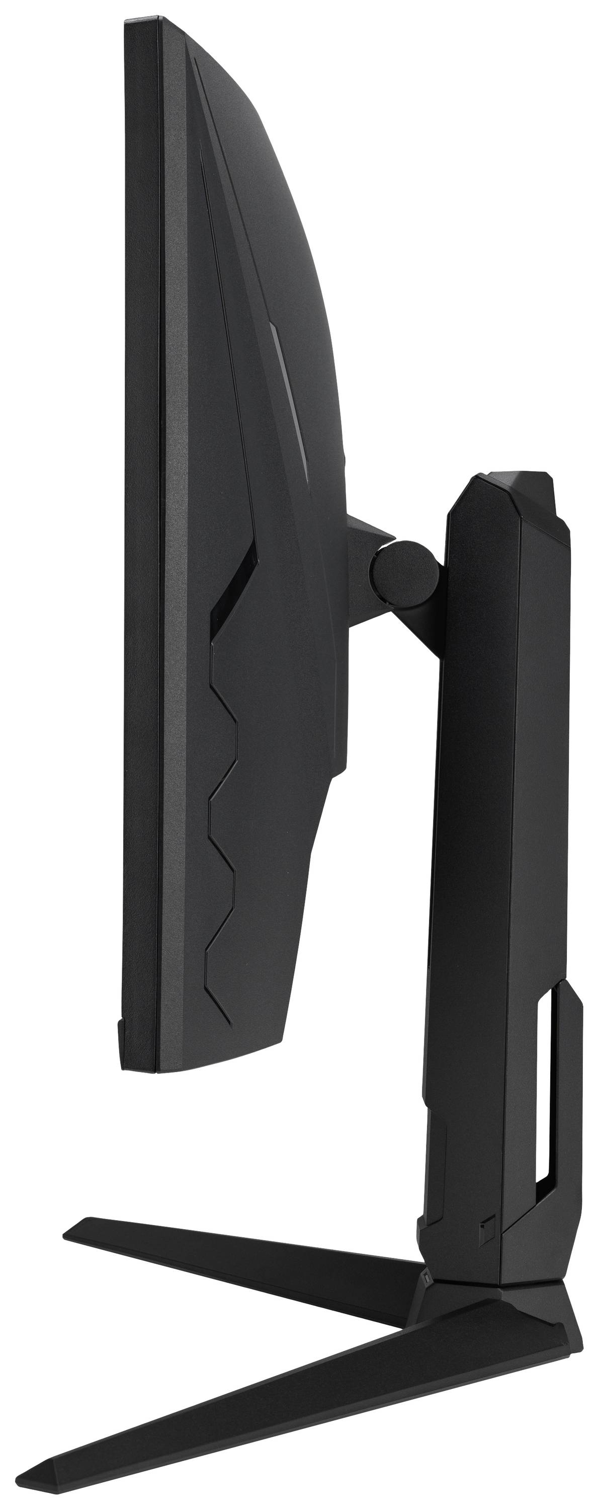 Widok z boku płaskiego, czarnego ekranu komputerowego na stabilnej podstawie.