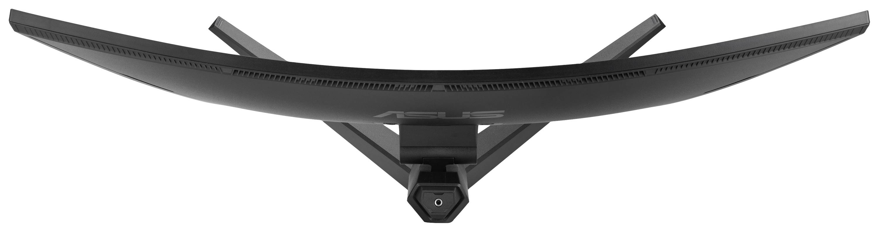 Zakrzywiony czarny ekran komputerowy widziany z góry, zamocowany na stabilnej podstawie.