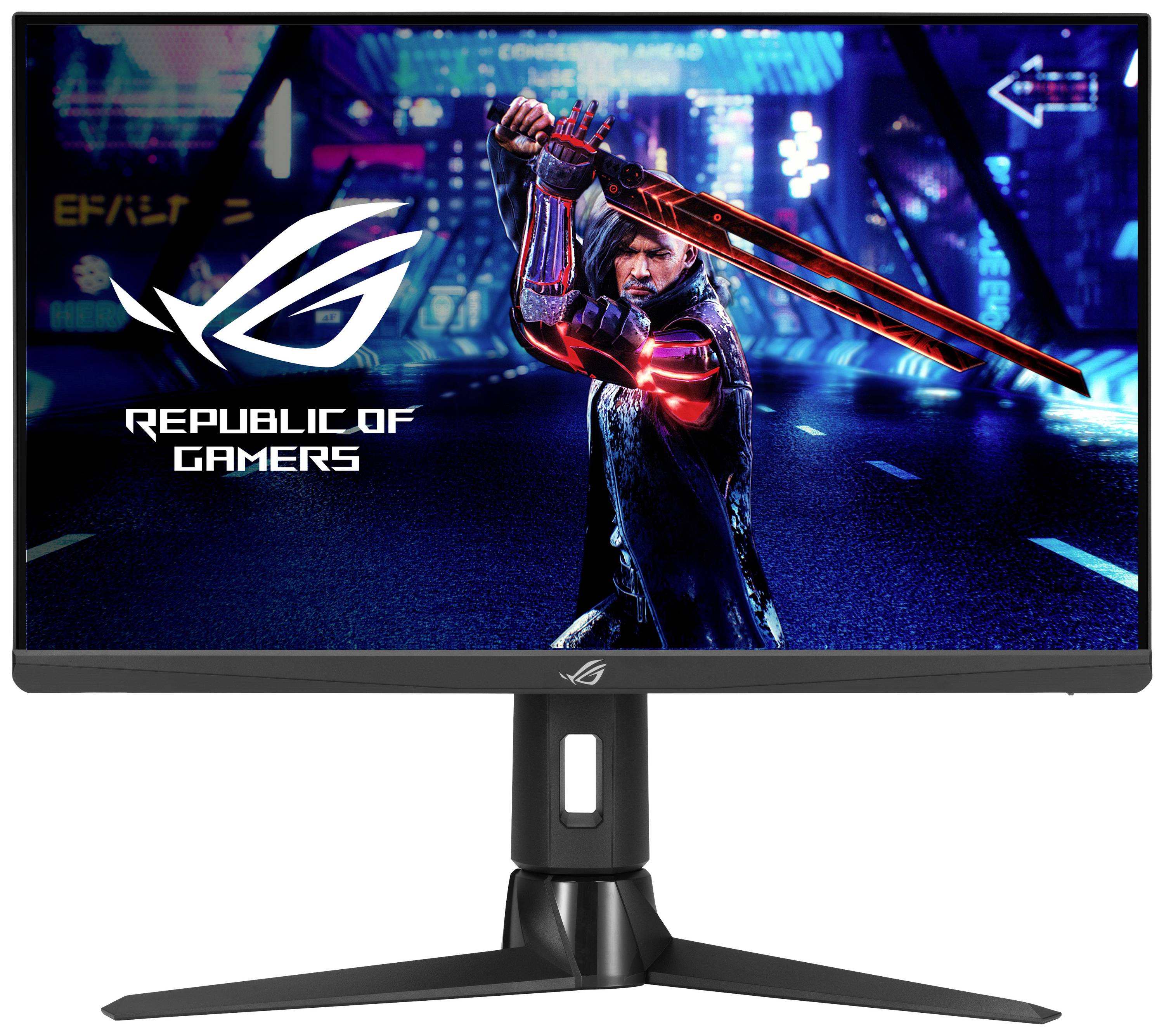 Monitor do gier wyświetla futurystyczną panoramę miasta z wojownikiem trzymającym świecący miecz. Logo: 'Republic of Gamers'.