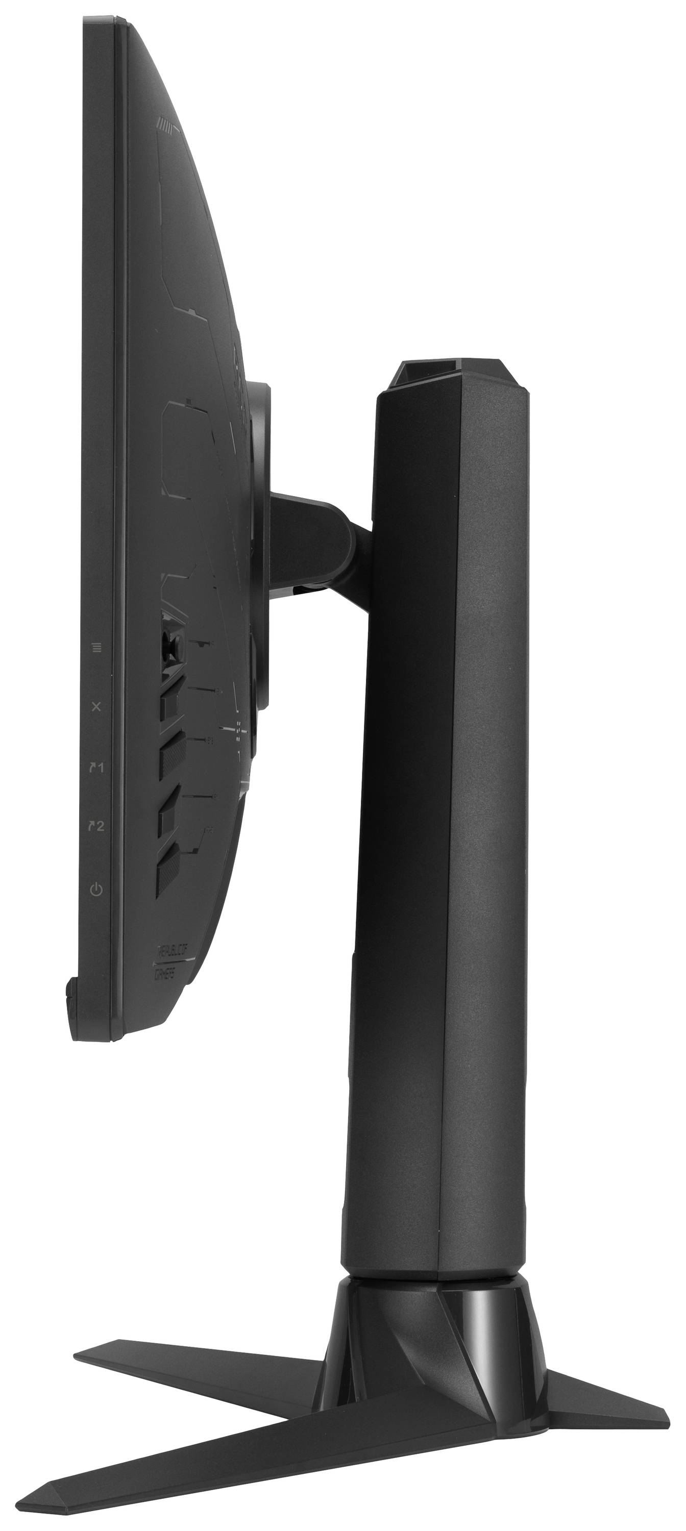 Monitor z płaskim ekranem widziany z boku, prezentujący smukłą sylwetkę i solidną podstawę.
