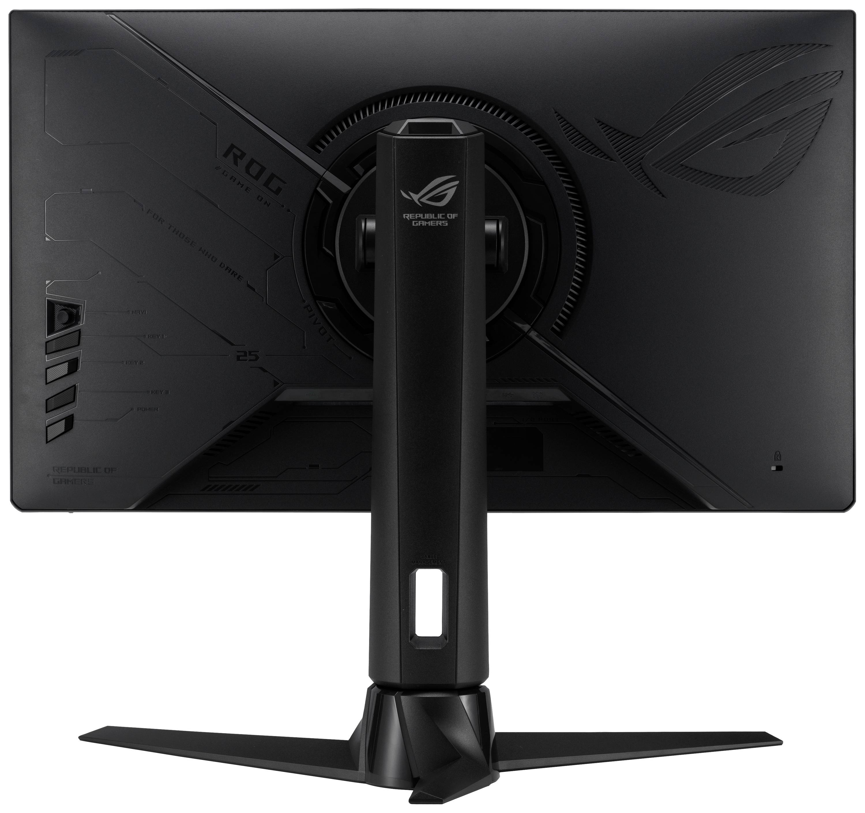 Czarny monitor komputerowy widziany od tyłu, wyposażony w charakterystyczną, solidną podstawę oraz widoczną kratkę wentylacyjną.